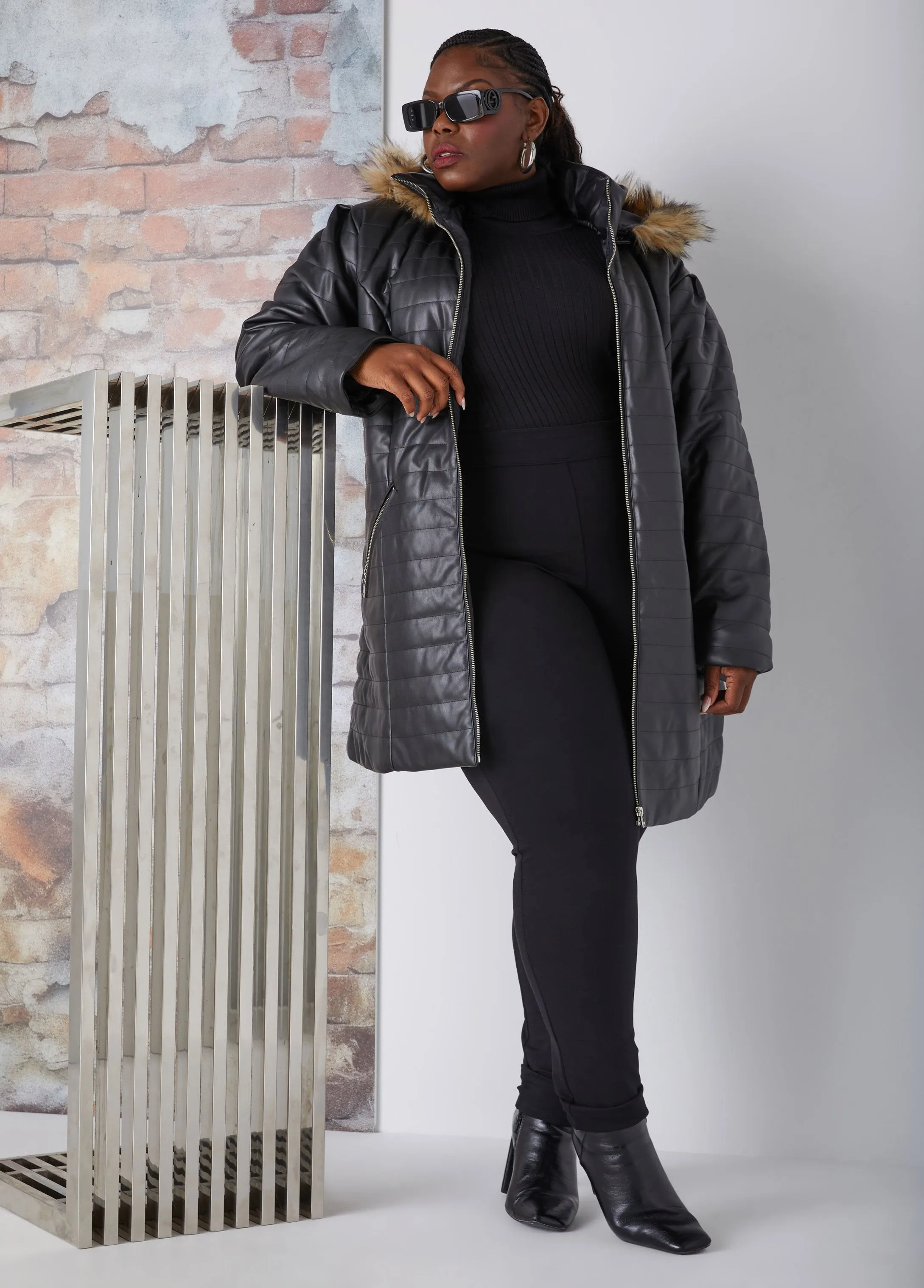 Hooded Quilted Faux Leather Coat sold by Ashley Stewart product image thumbnail 4