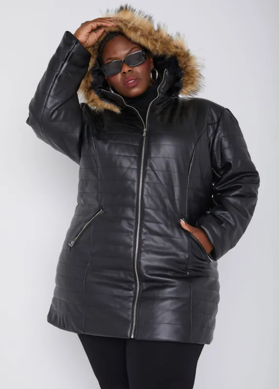 Hooded Quilted Faux Leather Coat made by Ashley Stewart