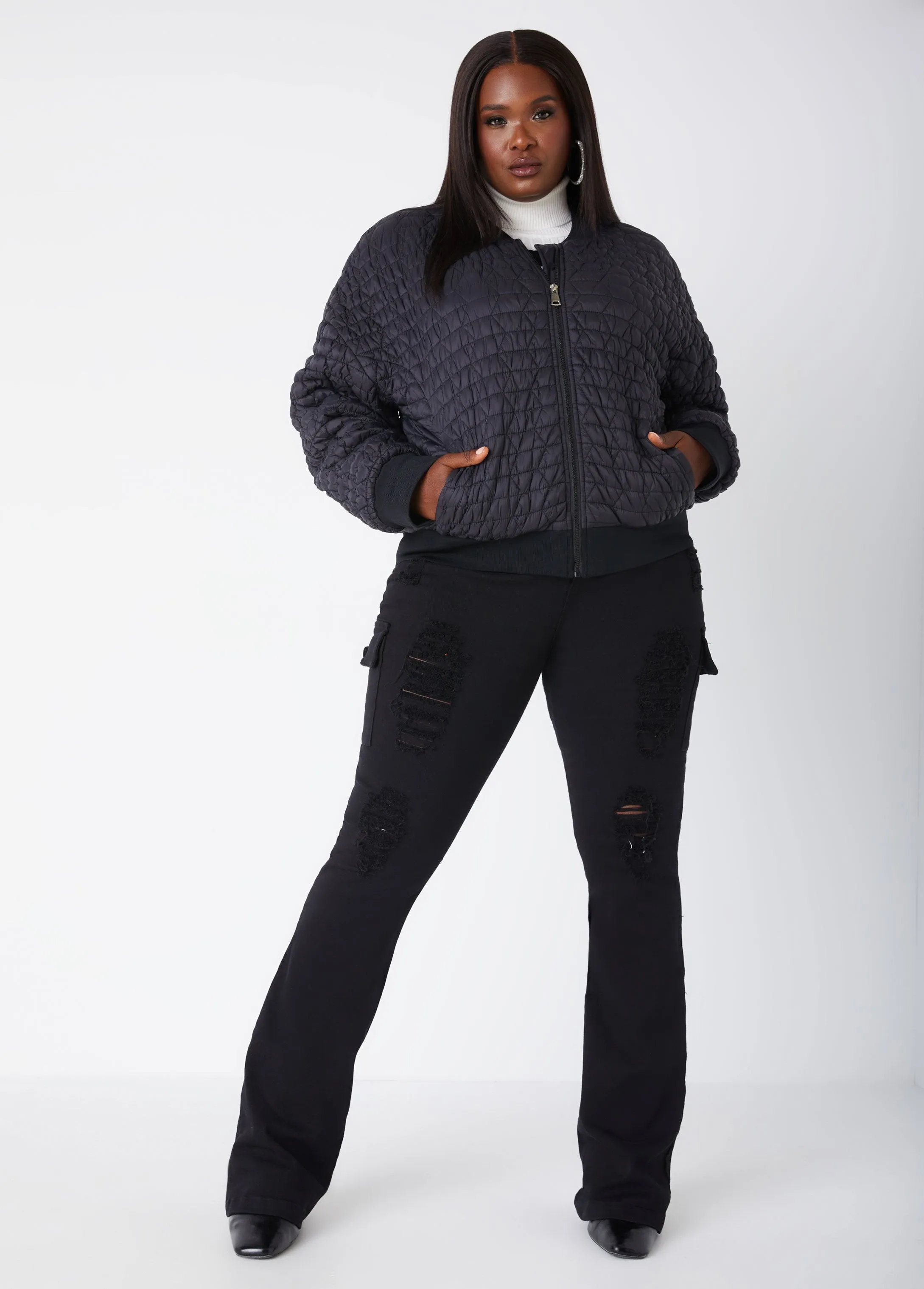 Ribbed Trim Quilted Bomber Jacket sold by Ashley Stewart product image thumbnail 5