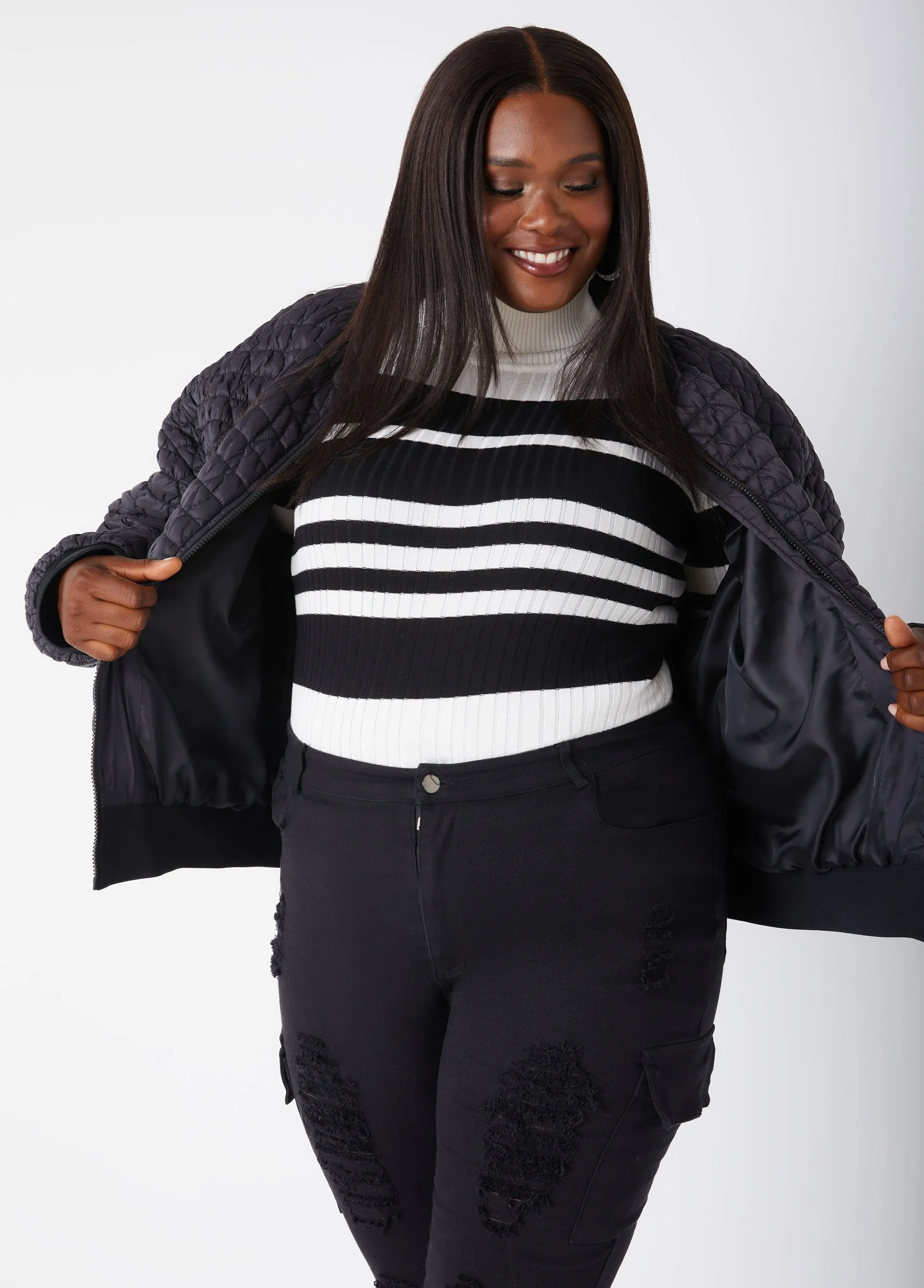 Ribbed Trim Quilted Bomber Jacket sold by Ashley Stewart product image thumbnail 4