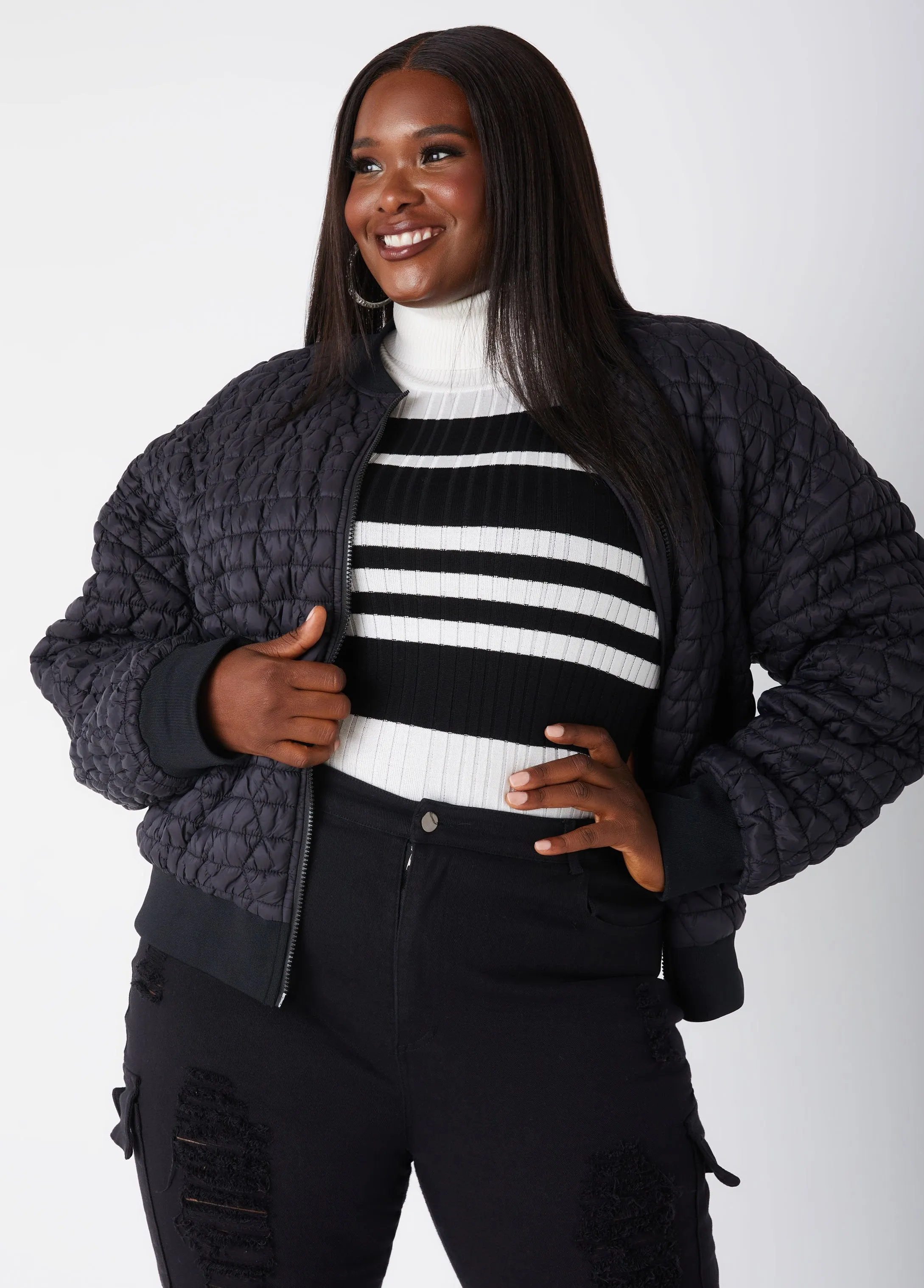 Ribbed Trim Quilted Bomber Jacket sold by Ashley Stewart product image thumbnail 3