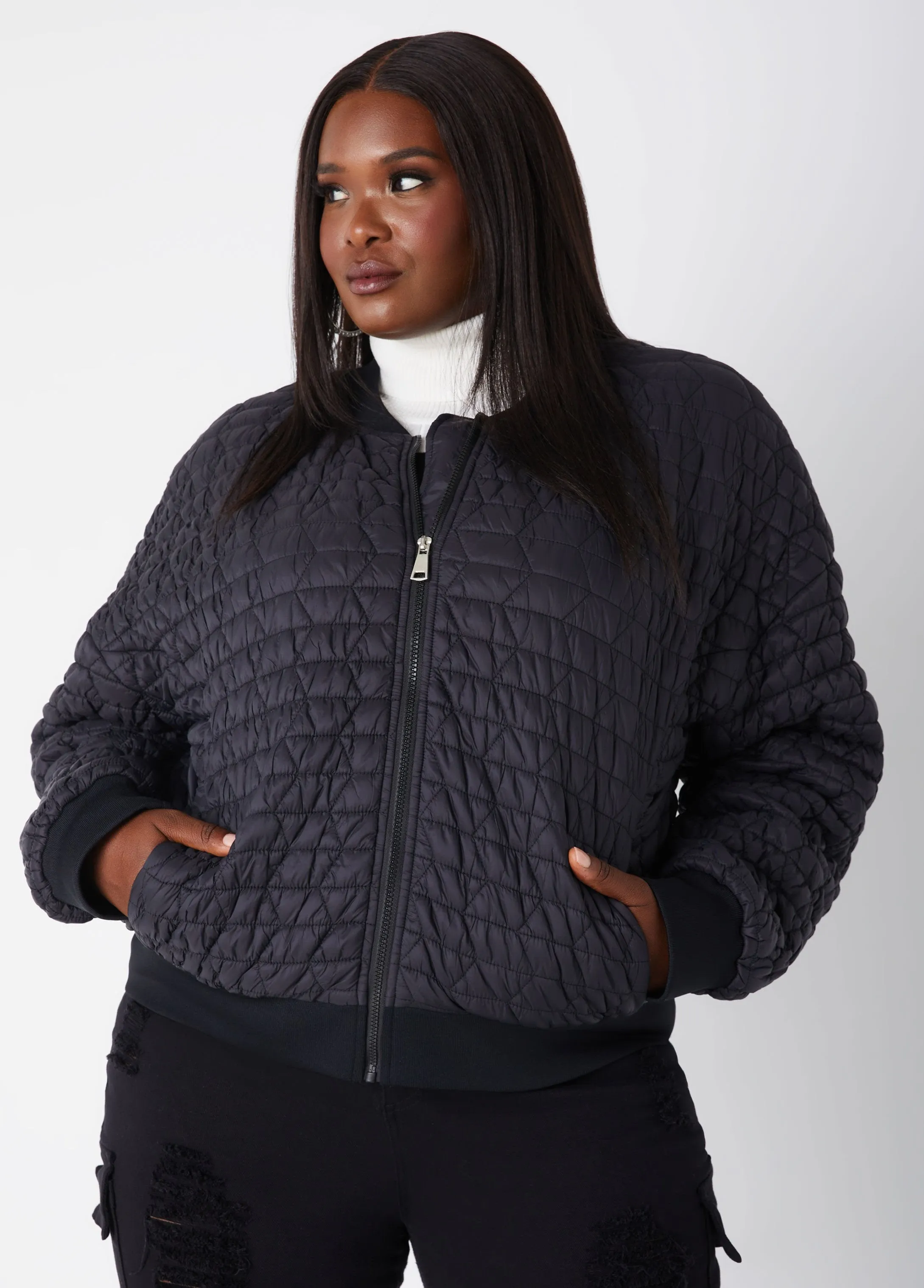 Ribbed Trim Quilted Bomber Jacket sold by Ashley Stewart