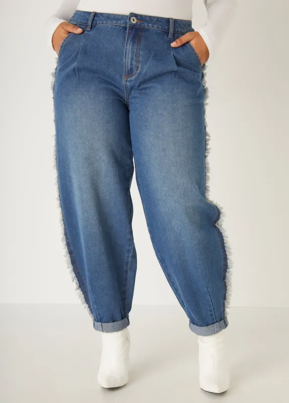 Mid Rise Frayed Barrel Jeans sold by Ashley Stewart