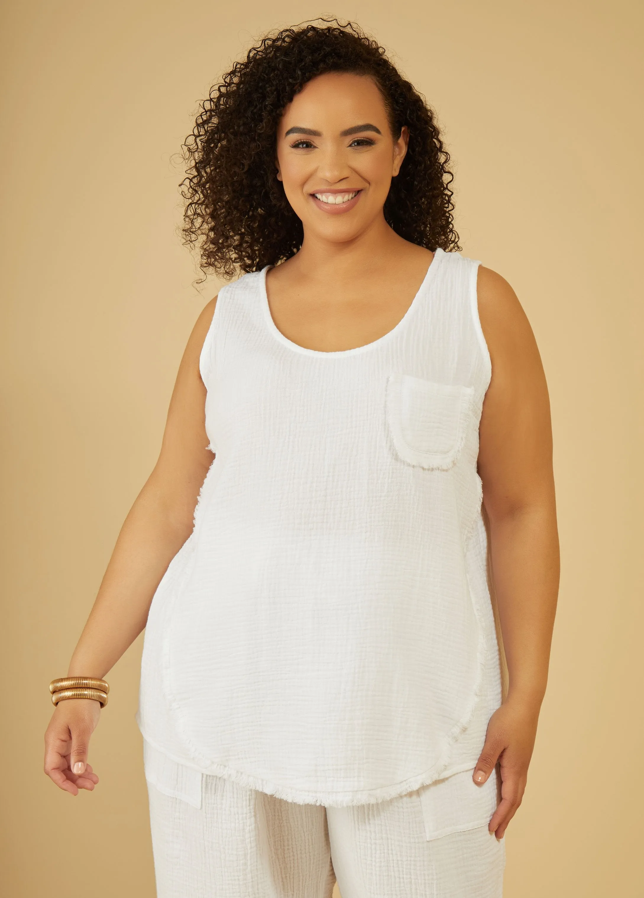 Frayed Cotton Gauze Tank sold by Ashley Stewart
