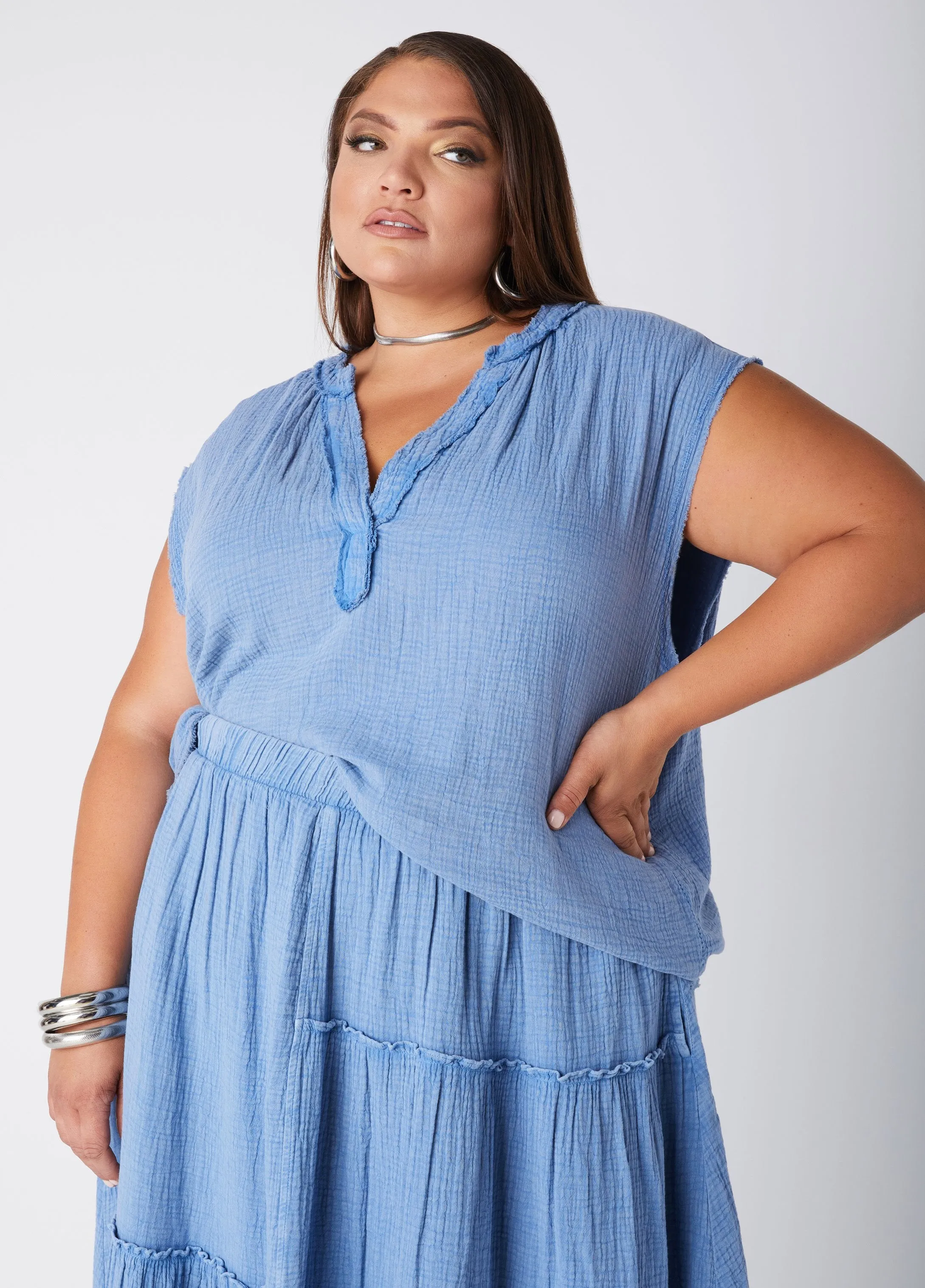 Frayed Cotton Gauze Top sold by Ashley Stewart
