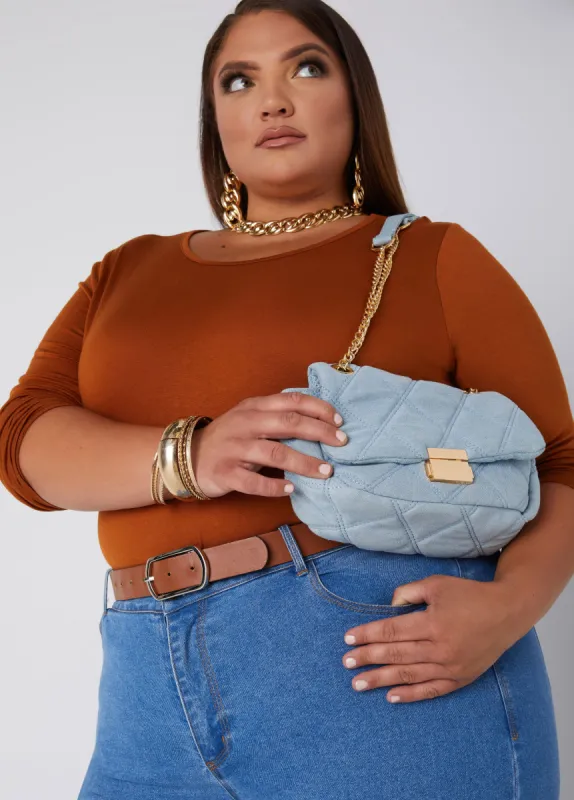 Chain Trimmed Quilted Denim Bag sold by Ashley Stewart