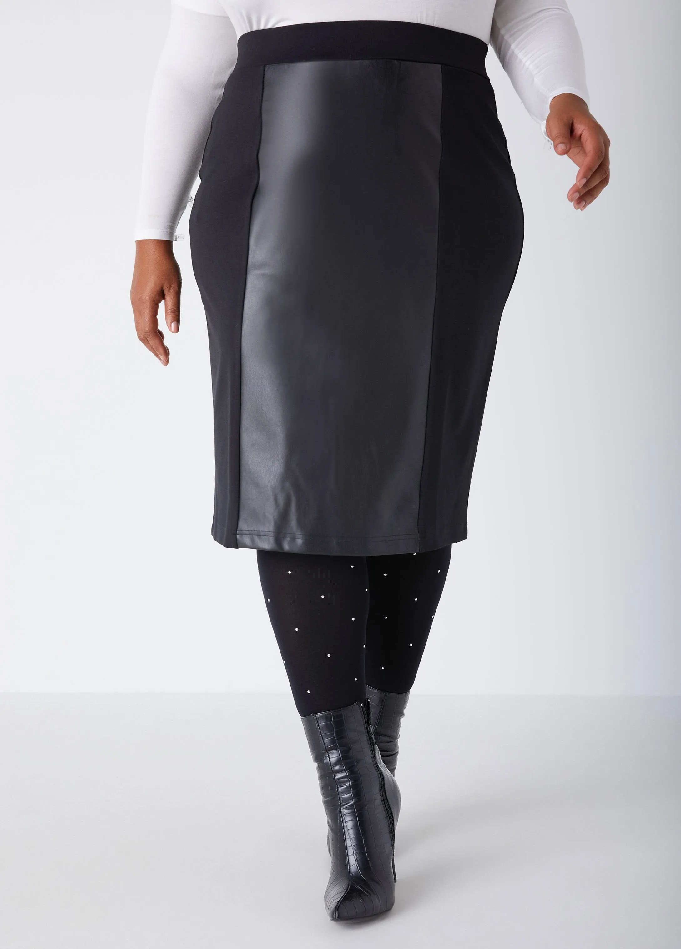 Faux Leather Paneled Pencil Skirt sold by Ashley Stewart