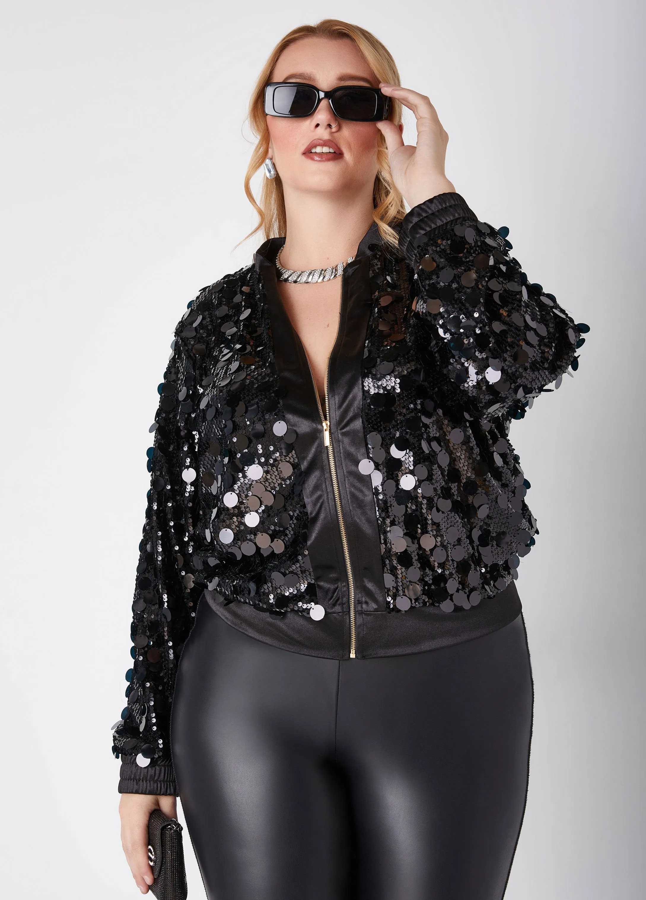 Sequined Mesh Bomber Jacket sold by Ashley Stewart