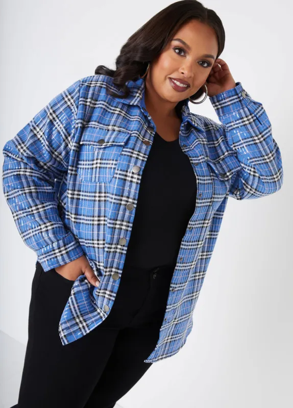 Sequin Embellished Plaid Shacket sold by Ashley Stewart