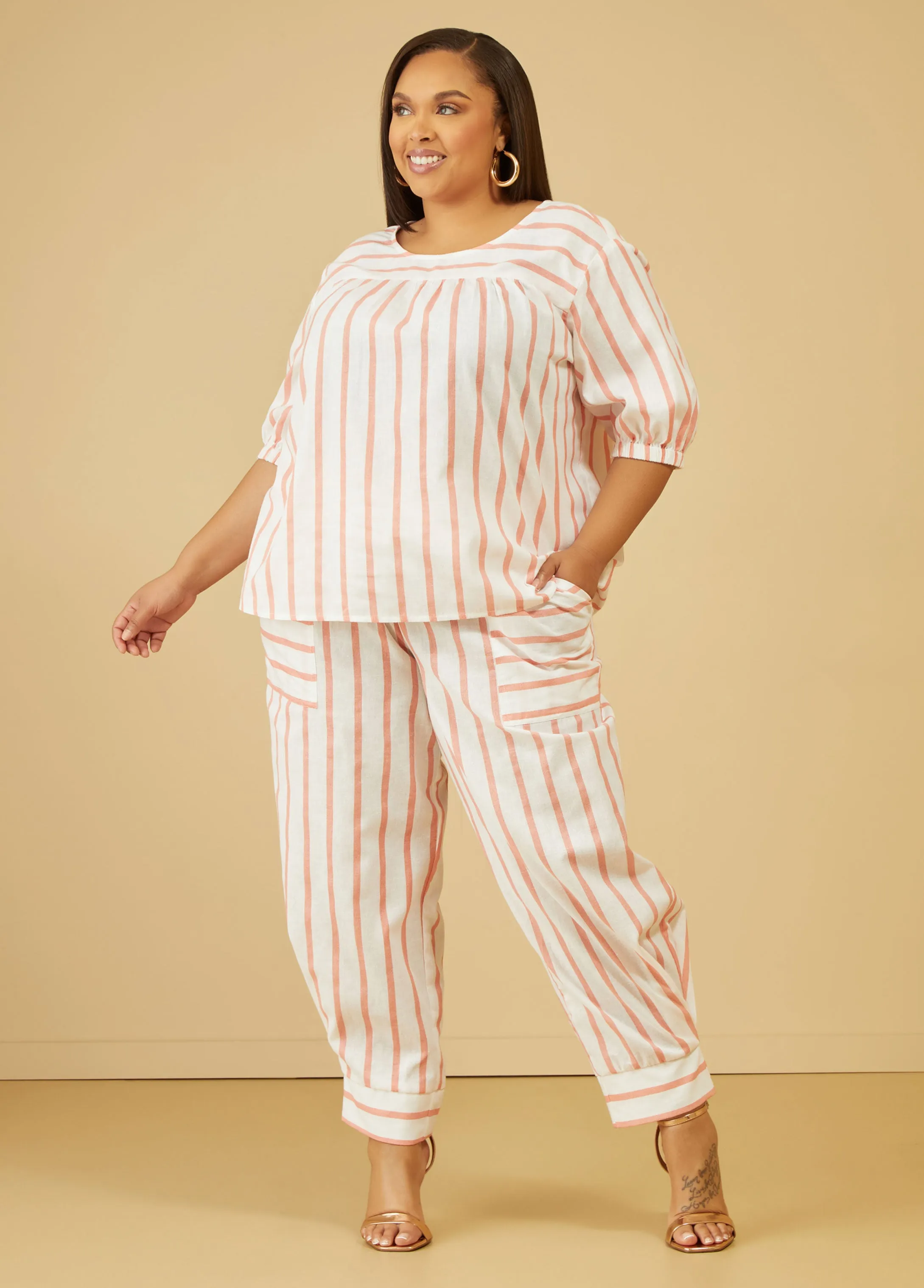 Striped Linen Blend Joggers sold by Ashley Stewart product image thumbnail 5