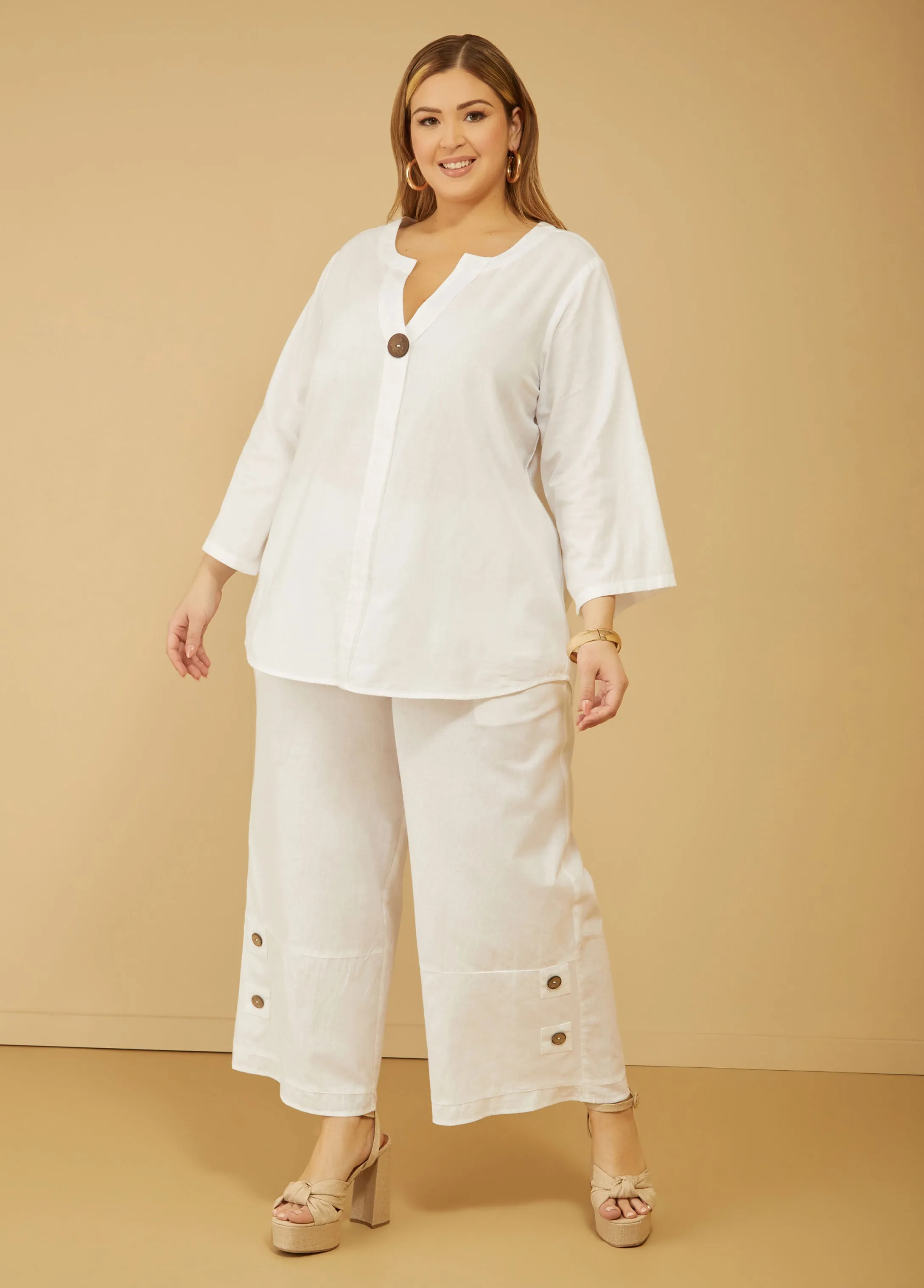 Button Embellished Linen Blend Pants sold by Ashley Stewart
