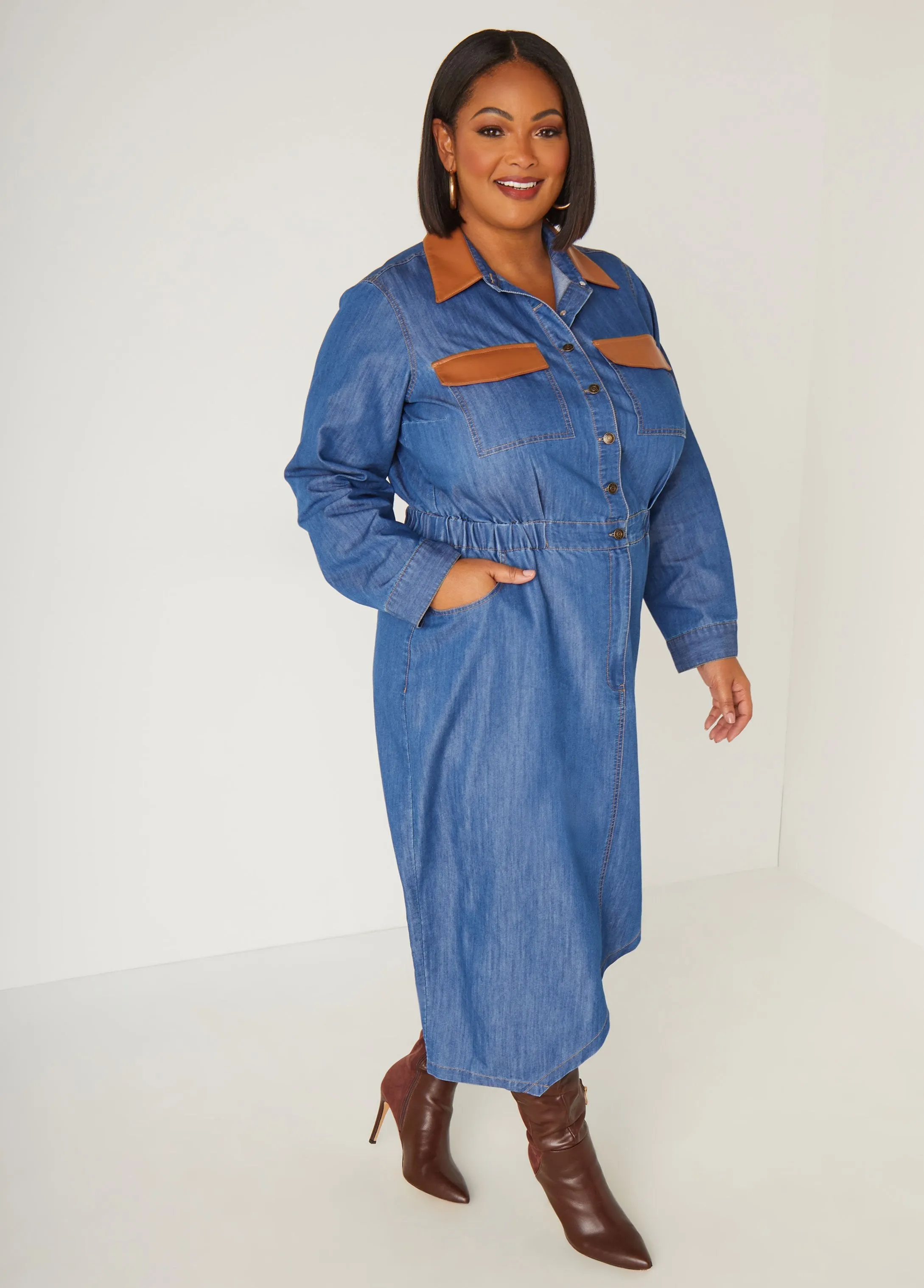Faux Leather And Chambray Shirtdress sold by Ashley Stewart