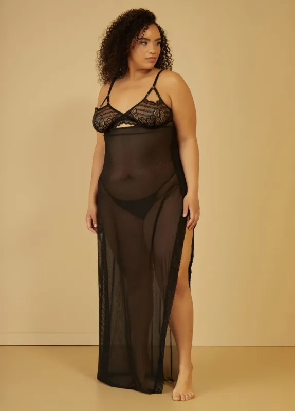 Lace Paneled Mesh Gown Set sold by Ashley Stewart