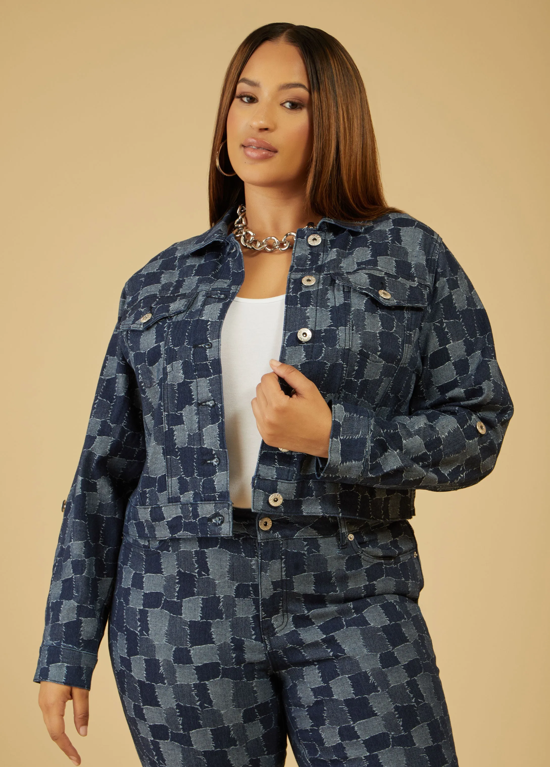 Patchwork Cropped Denim Jacket sold by Ashley Stewart