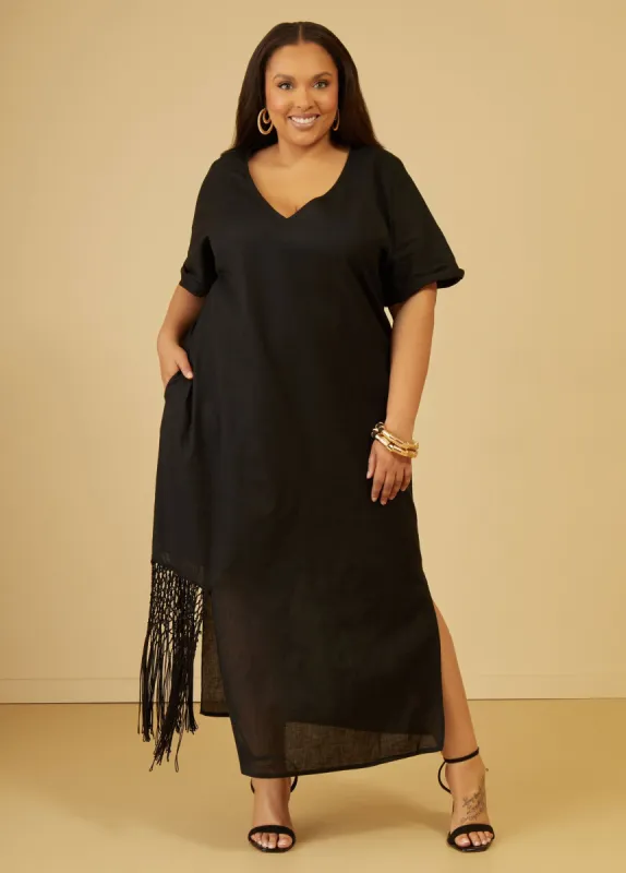 Fringed Linen Blend Maxi Dress sold by Ashley Stewart