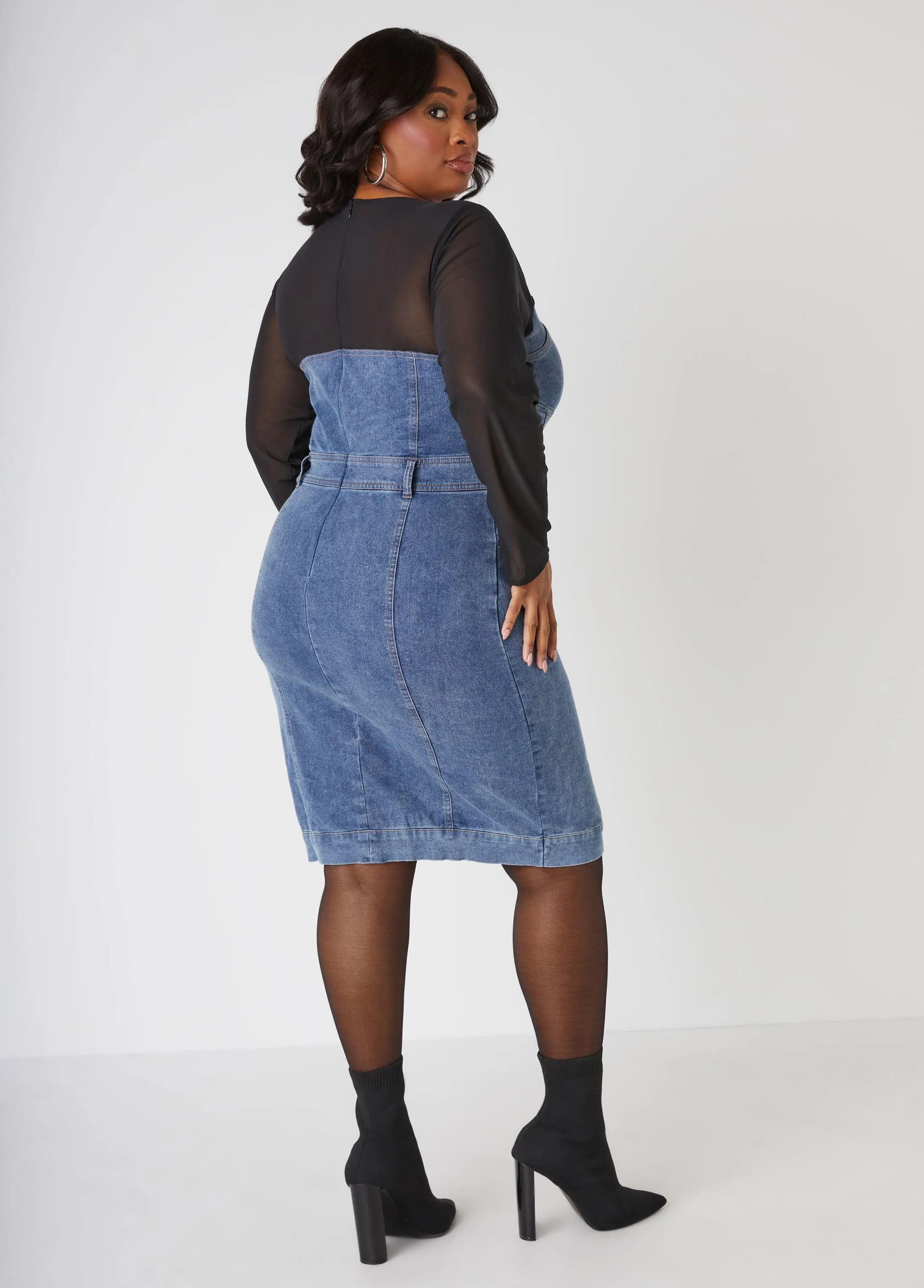 Mesh Paneled Denim Dress sold by Ashley Stewart product image thumbnail 2