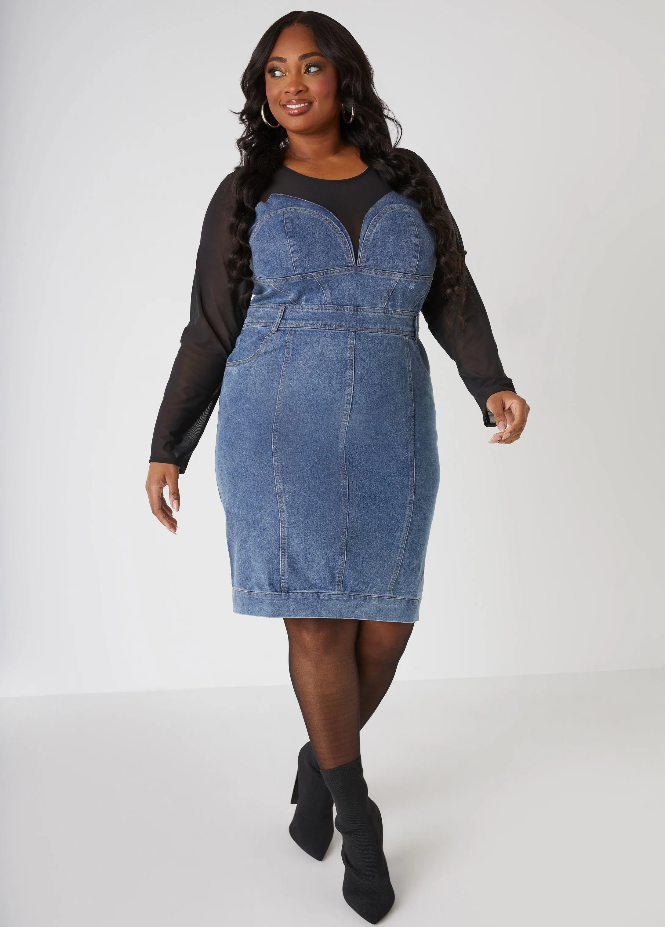 Mesh Paneled Denim Dress sold by Ashley Stewart product image thumbnail 3