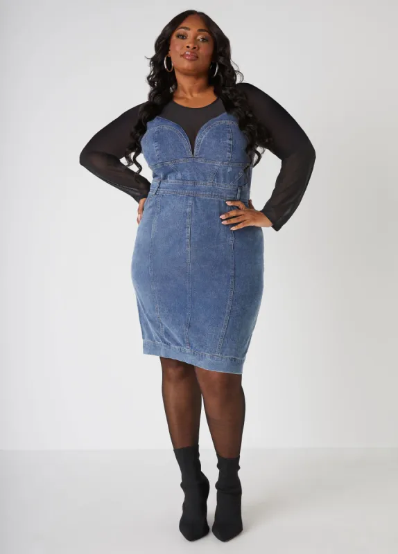 Mesh Paneled Denim Dress sold by Ashley Stewart