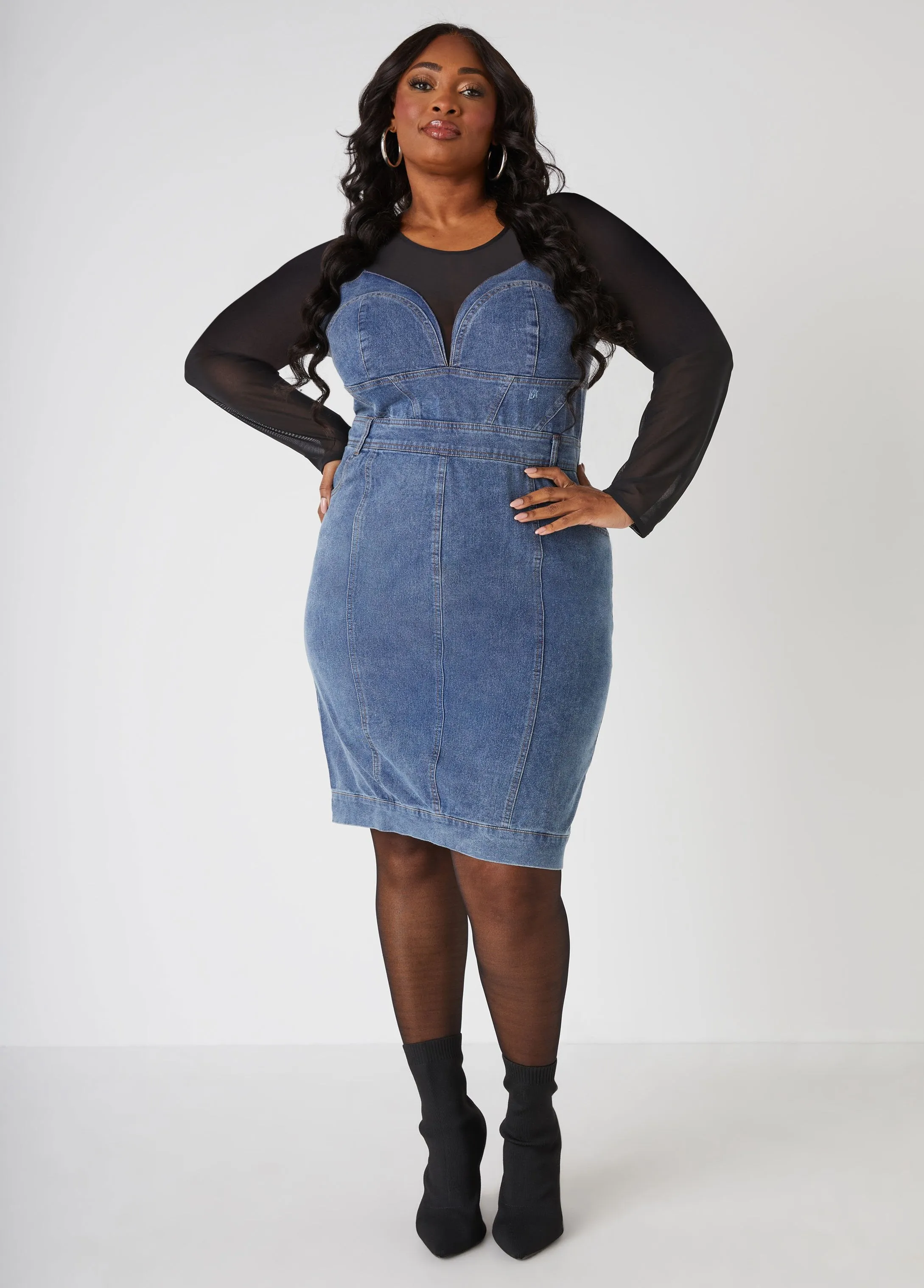 Mesh Paneled Denim Dress sold by Ashley Stewart