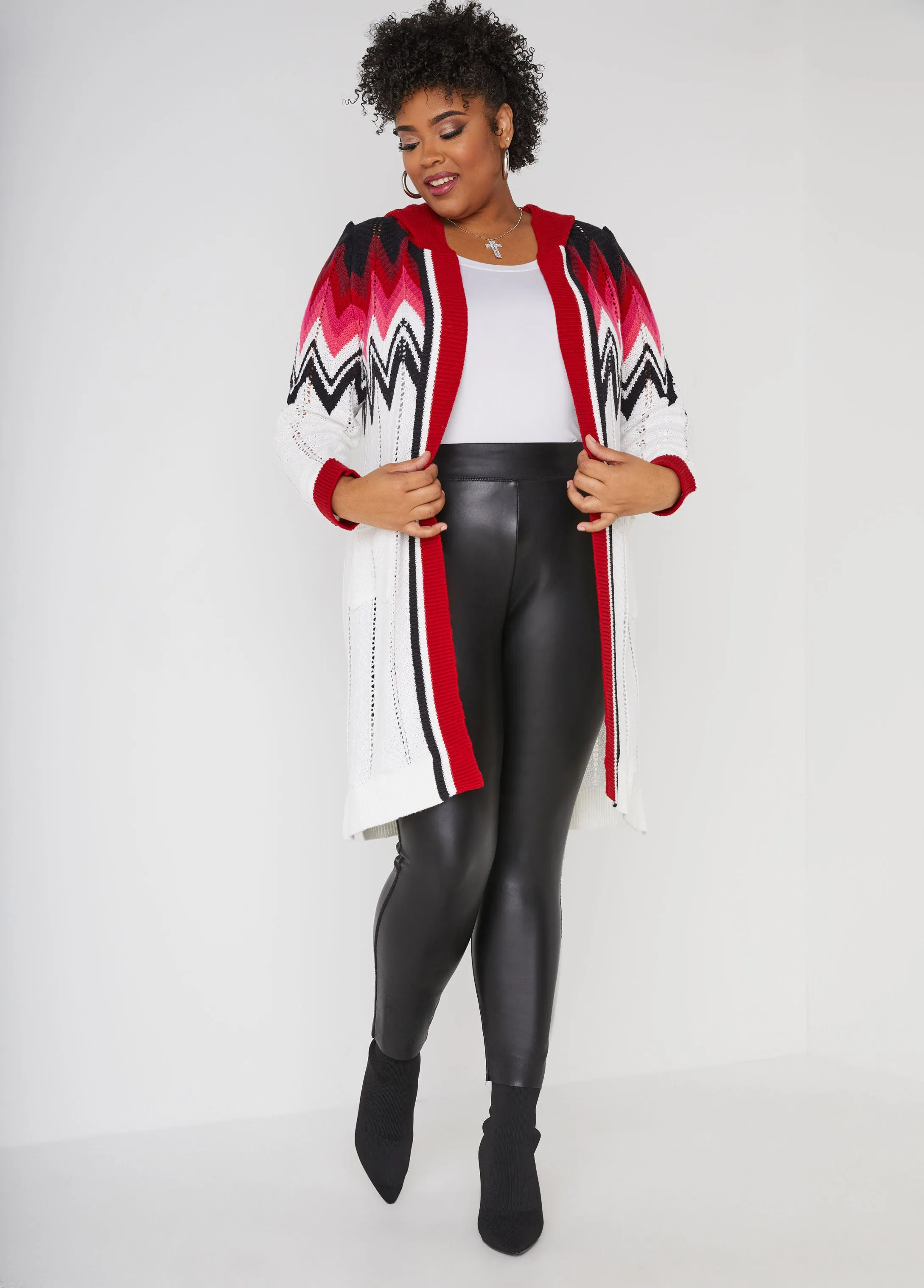 Hooded Zig Zag Open Front Cardigan sold by Ashley Stewart product image thumbnail 3