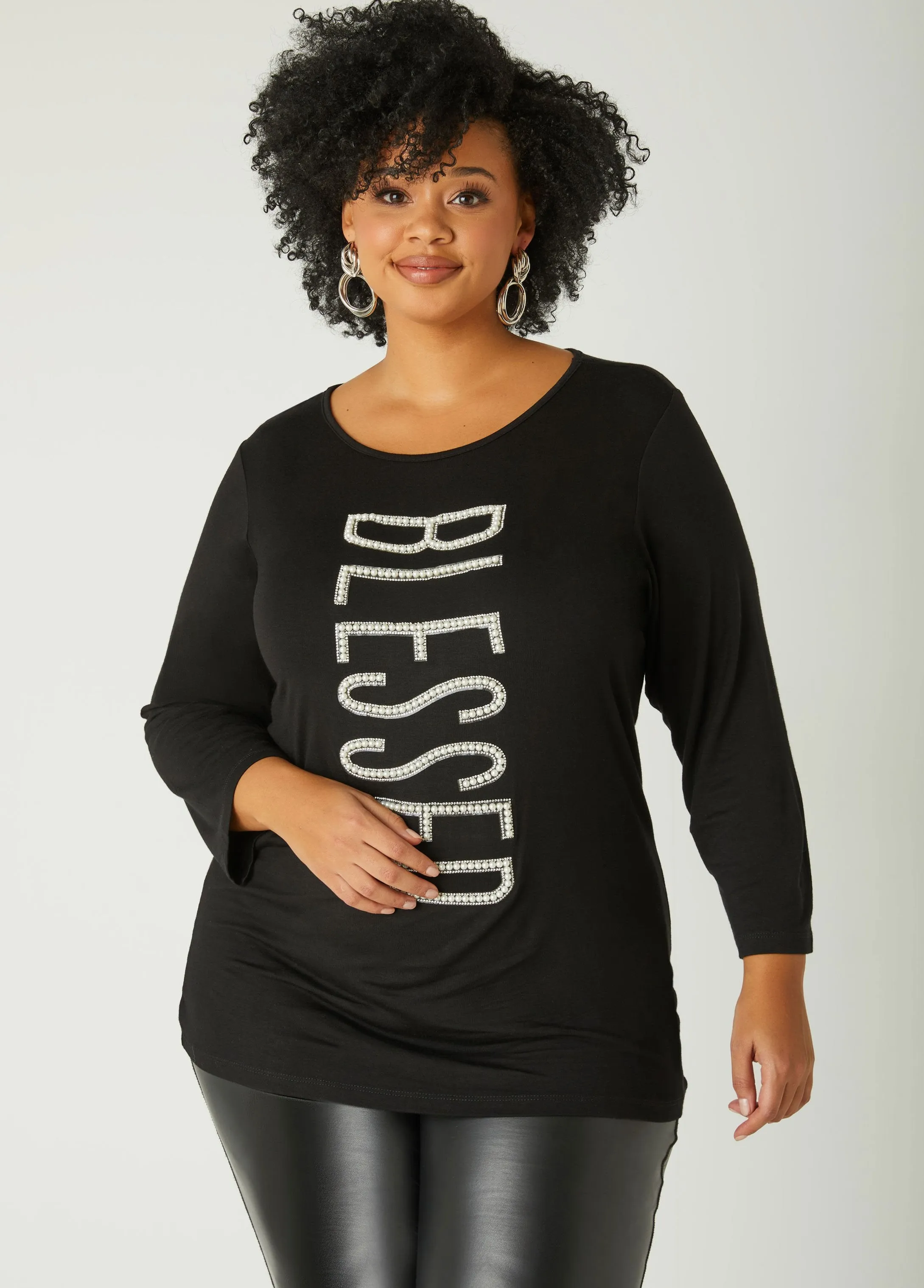 Blessed Faux Pearl And Crystal Tee sold by Ashley Stewart