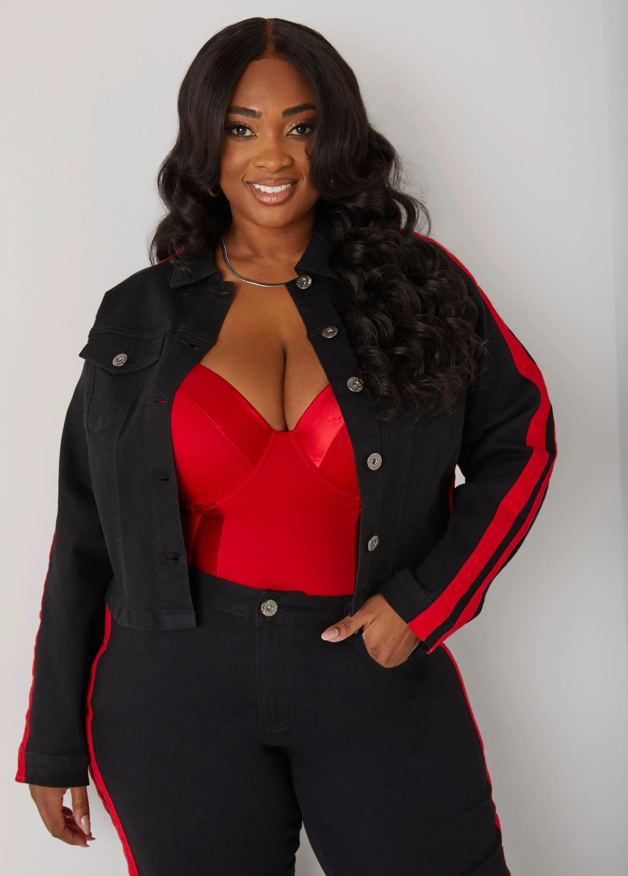 Cropped Striped Denim Jacket sold by Ashley Stewart