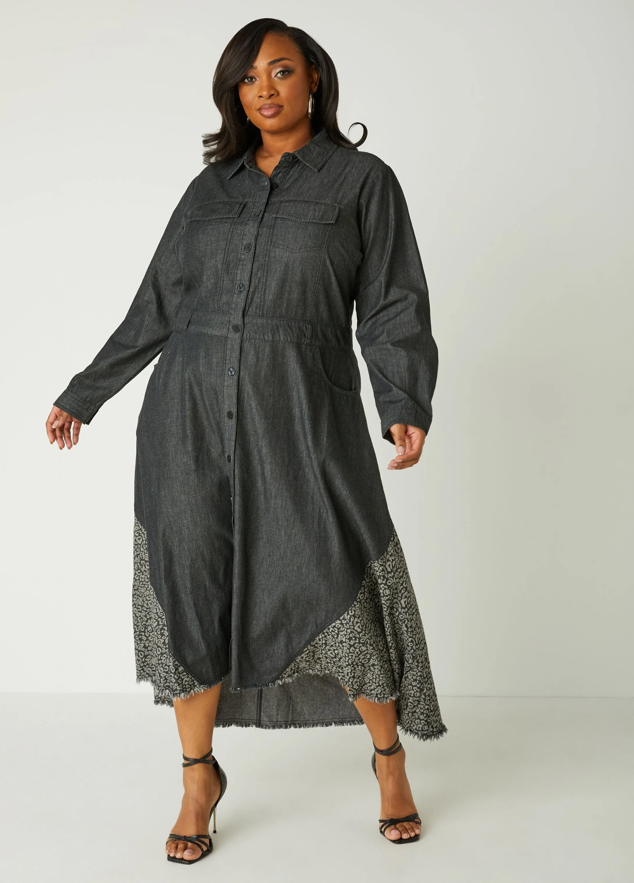 Leopard Paneled Denim Shirtdress sold by Ashley Stewart