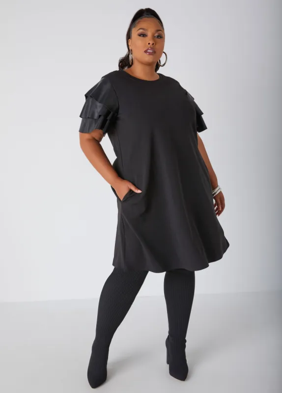 Ruffled Faux Leather Paneled Dress sold by Ashley Stewart