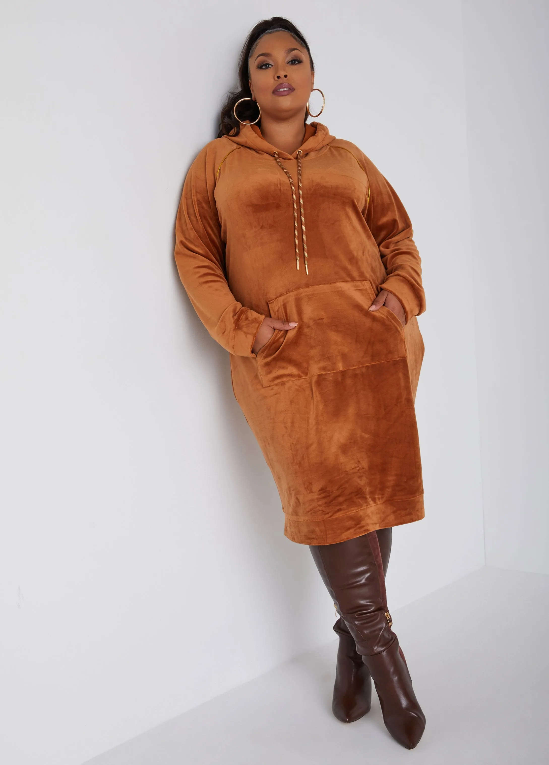 Hooded Lurex™ Trimmed Velour Dress sold by Ashley Stewart product image thumbnail 4
