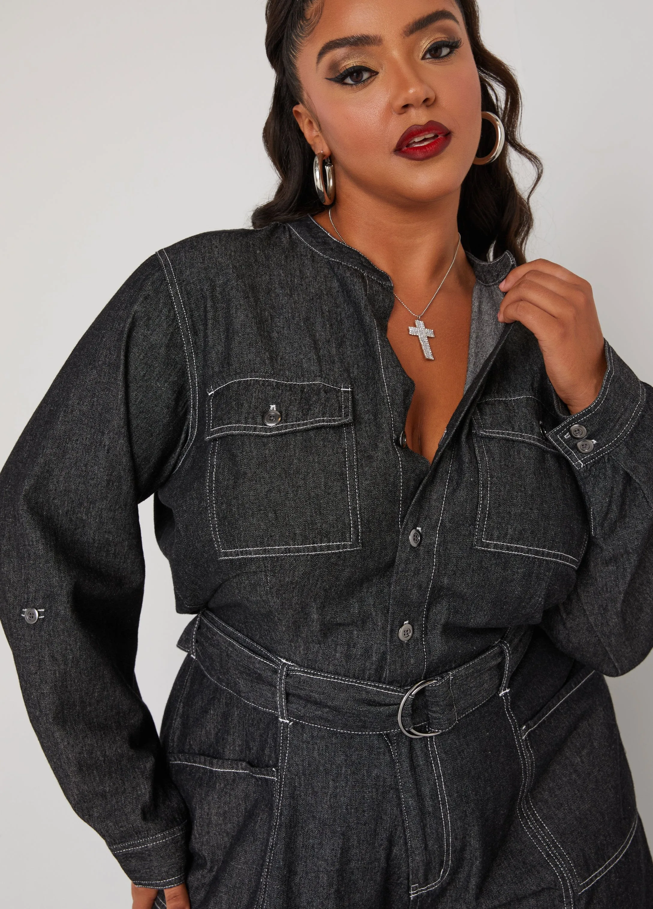 Belted Straight Leg Denim Jumpsuit sold by Ashley Stewart product image thumbnail 3