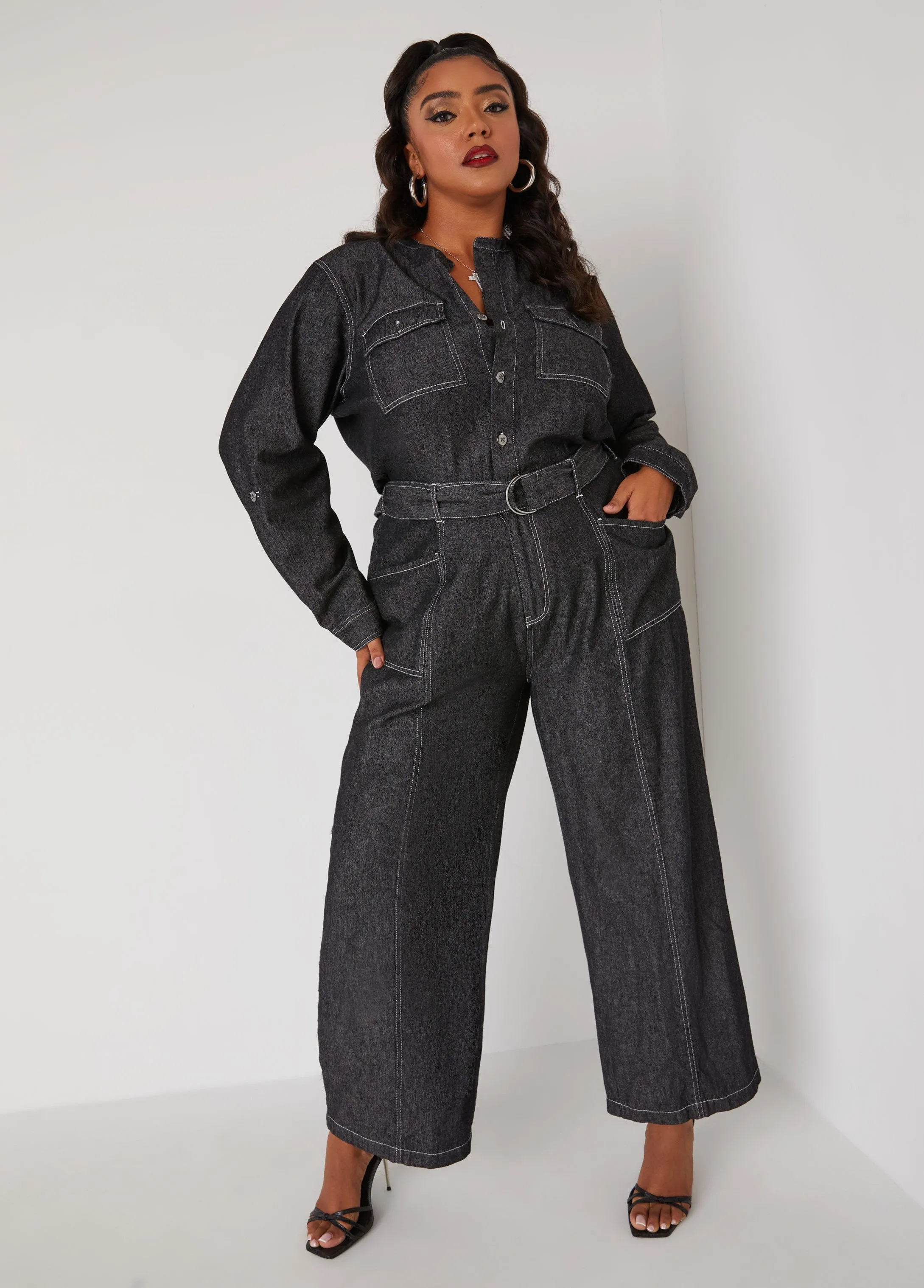 Belted Straight Leg Denim Jumpsuit sold by Ashley Stewart product image thumbnail 4