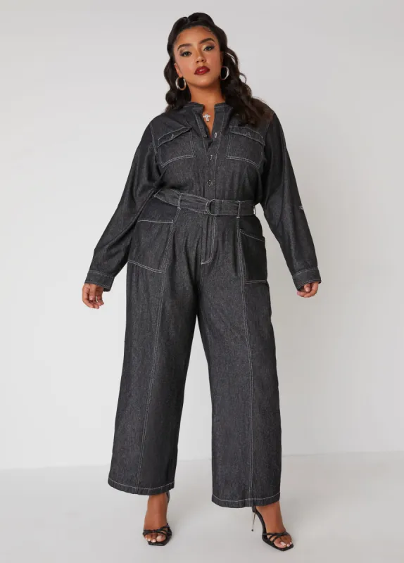 Belted Straight Leg Denim Jumpsuit sold by Ashley Stewart