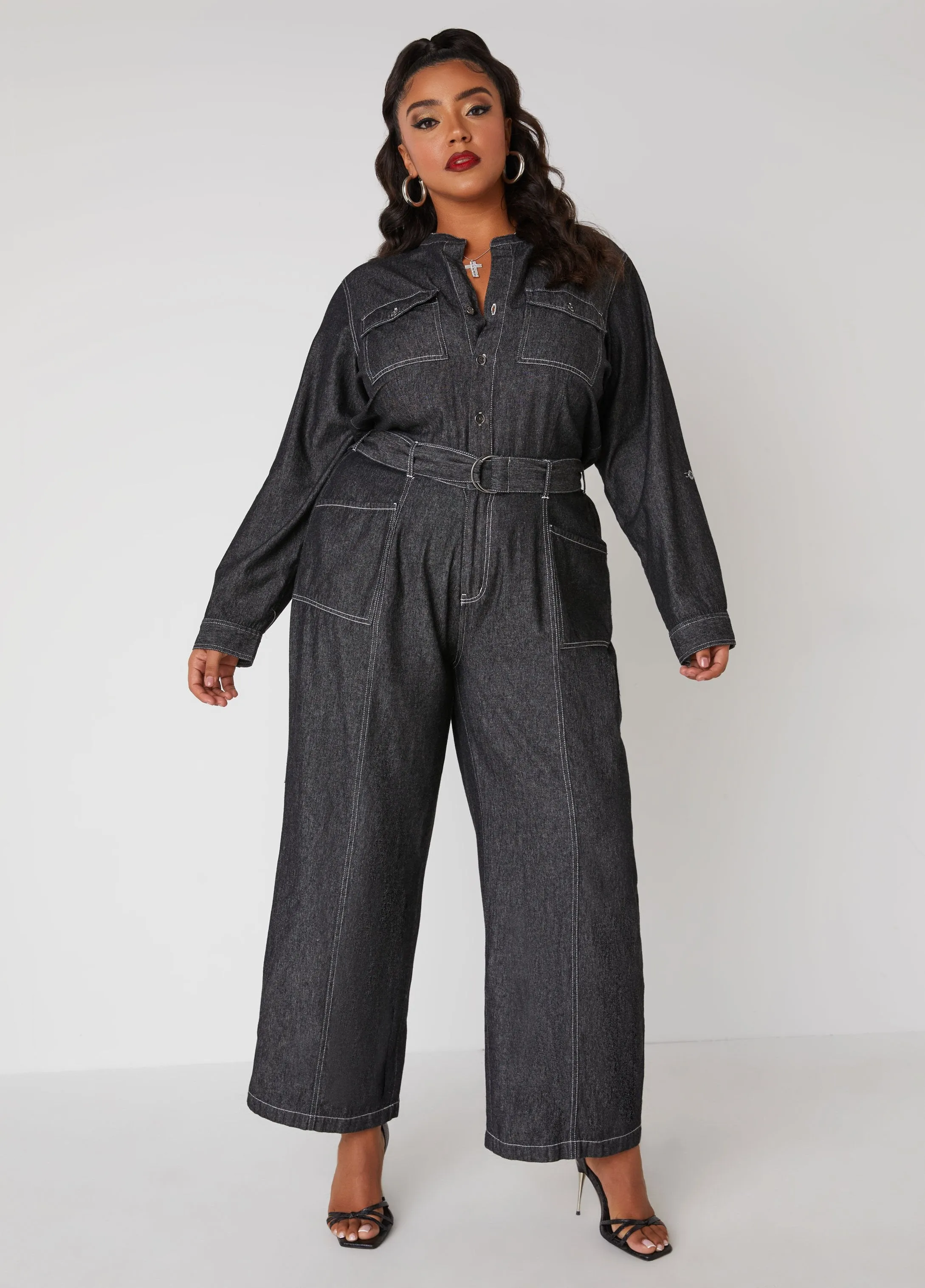 Belted Straight Leg Denim Jumpsuit sold by Ashley Stewart