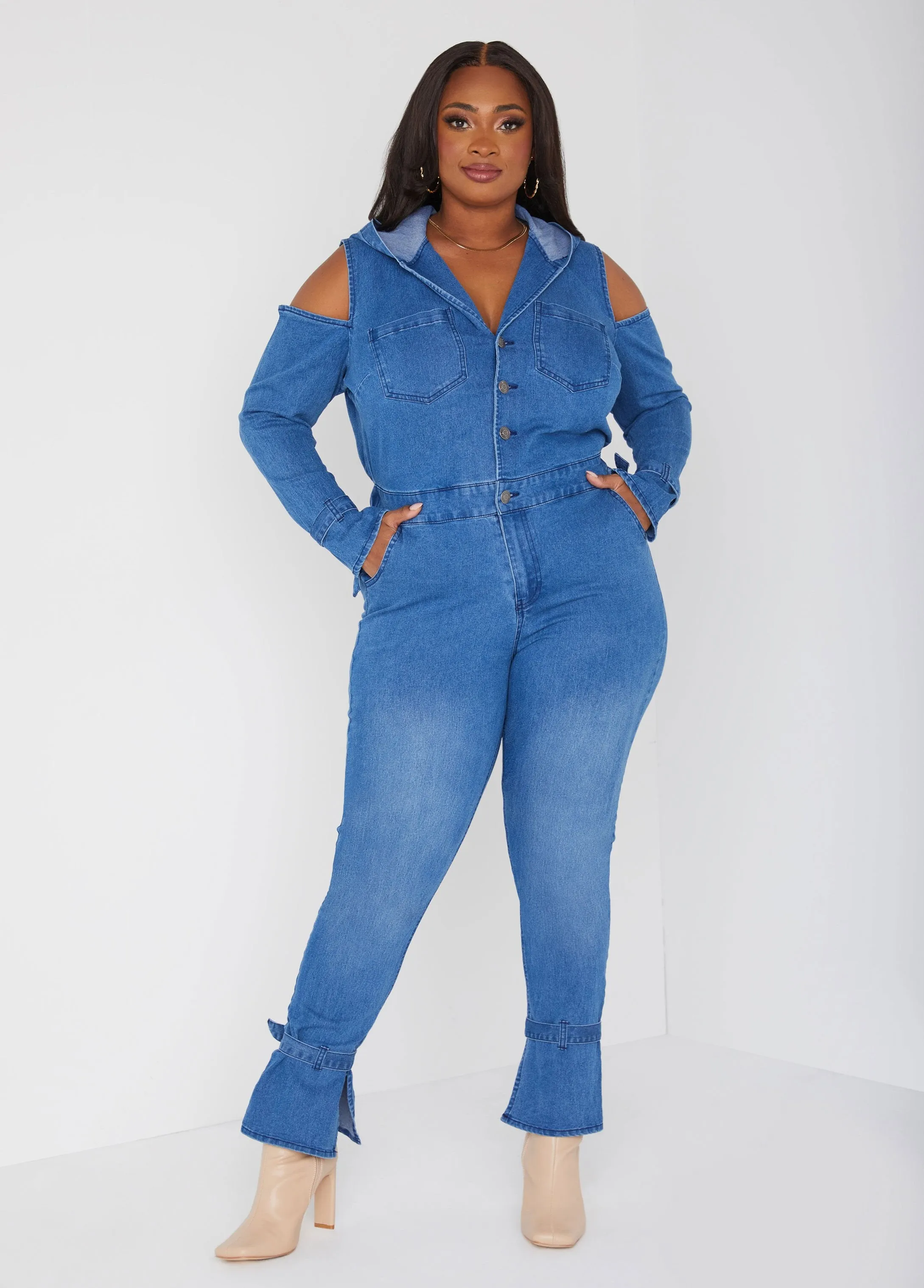 Cold Shoulder Hooded Denim Jumpsuit sold by Ashley Stewart