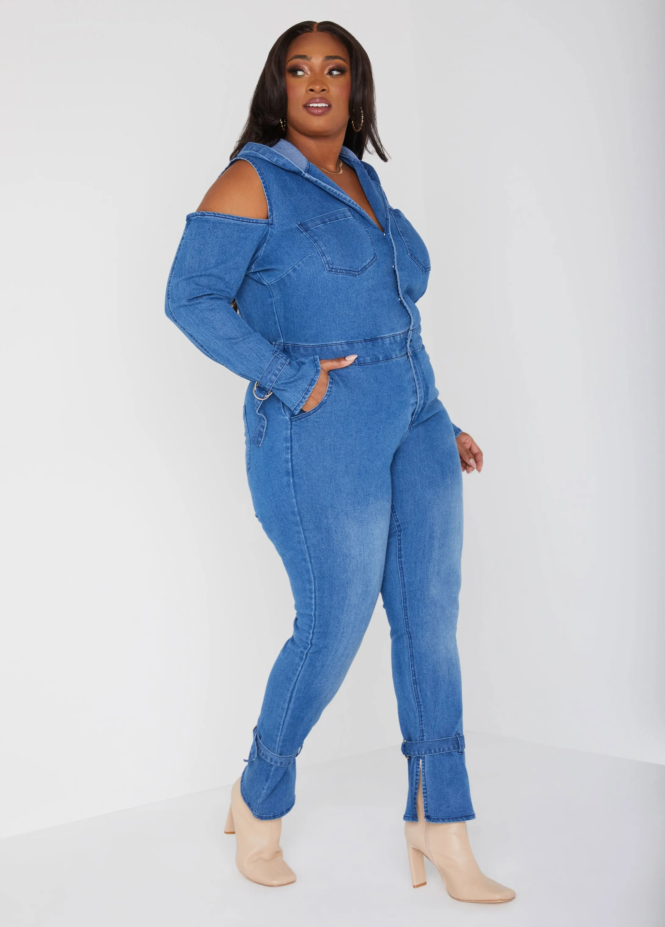 Cold Shoulder Hooded Denim Jumpsuit sold by Ashley Stewart product image thumbnail 5