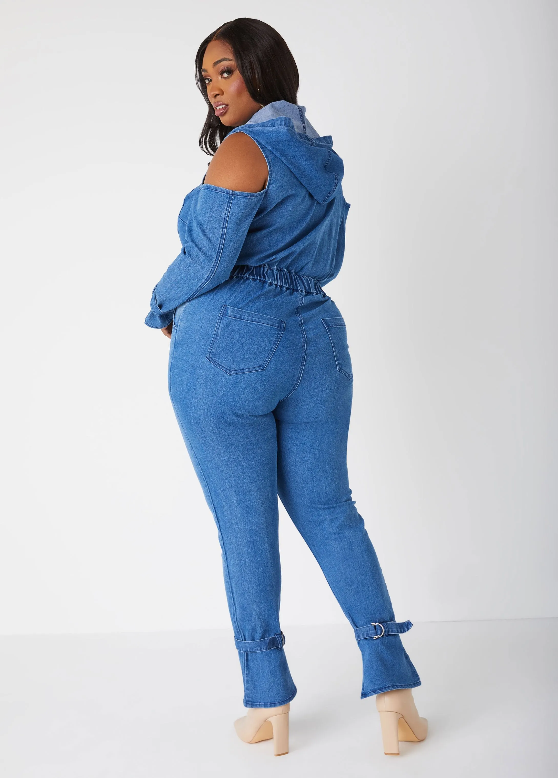 Cold Shoulder Hooded Denim Jumpsuit sold by Ashley Stewart product image thumbnail 2