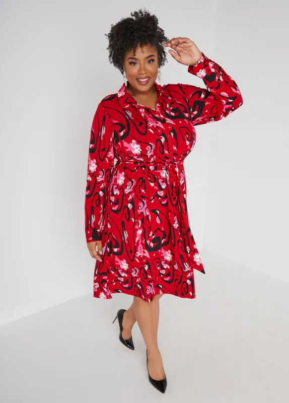 Belted Abstract Print Shirtdress sold by Ashley Stewart
