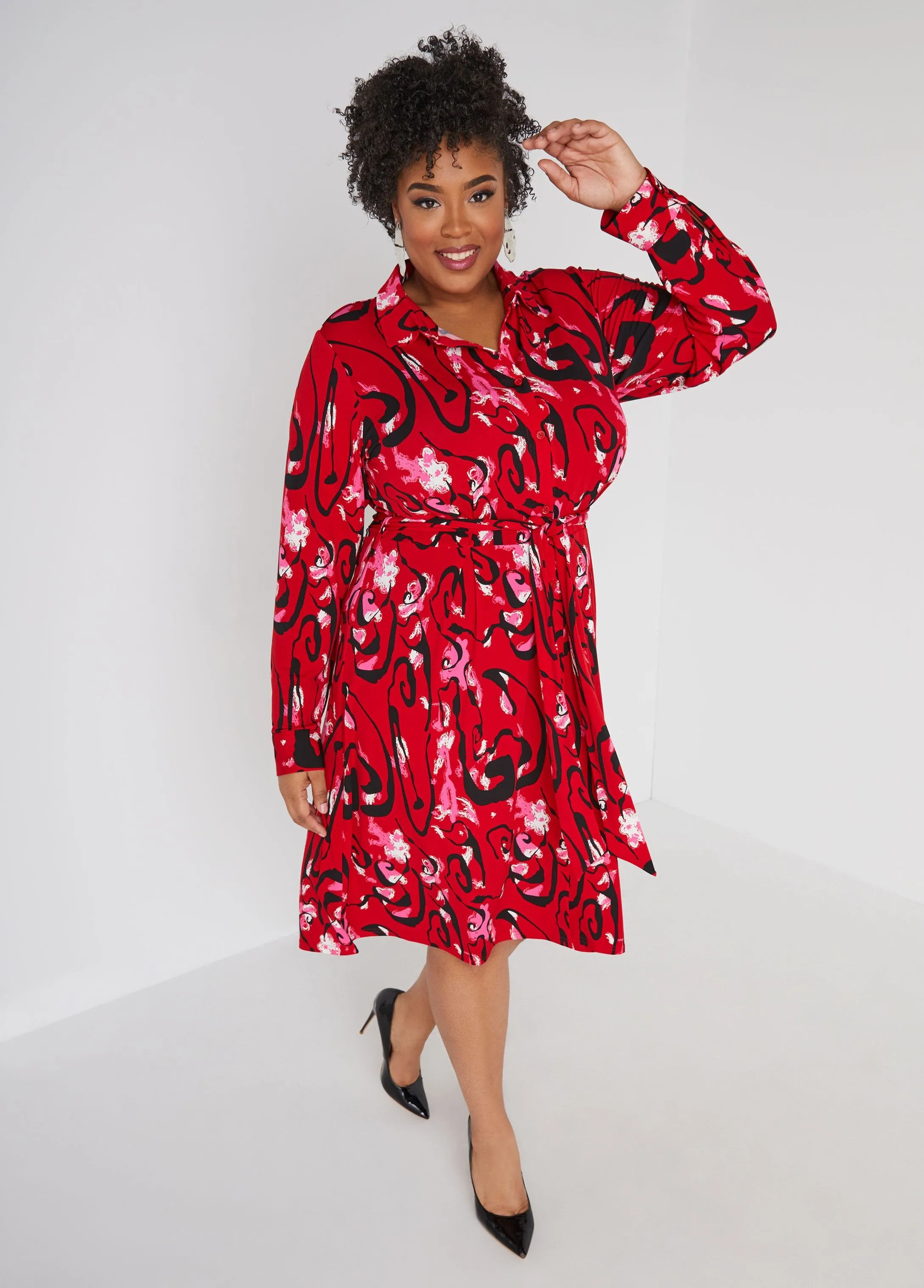 Belted Abstract Print Shirtdress sold by Ashley Stewart