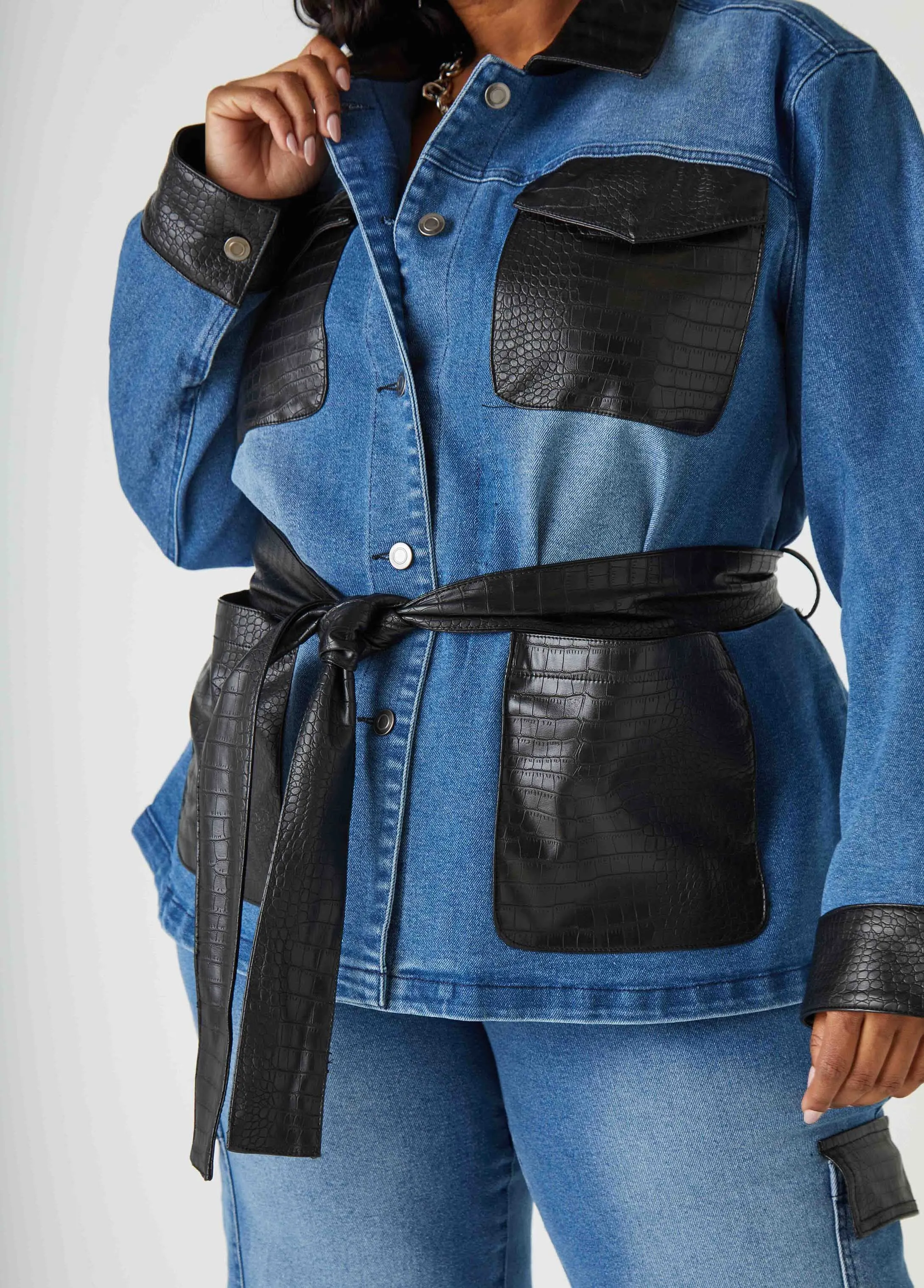 Faux Leather Paneled Denim Shacket sold by Ashley Stewart product image thumbnail 5