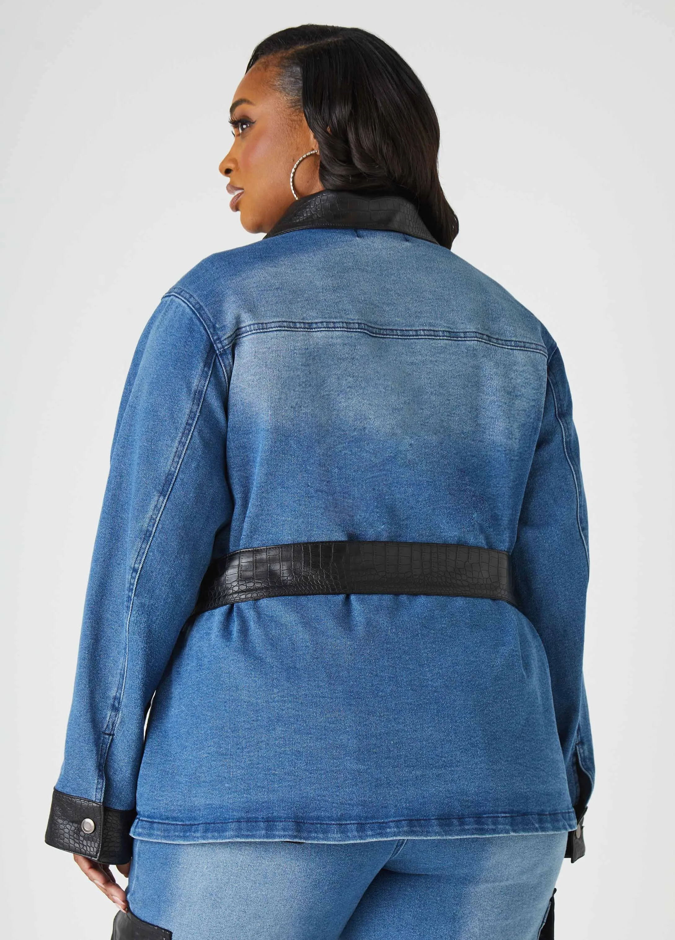Faux Leather Paneled Denim Shacket sold by Ashley Stewart product image thumbnail 2
