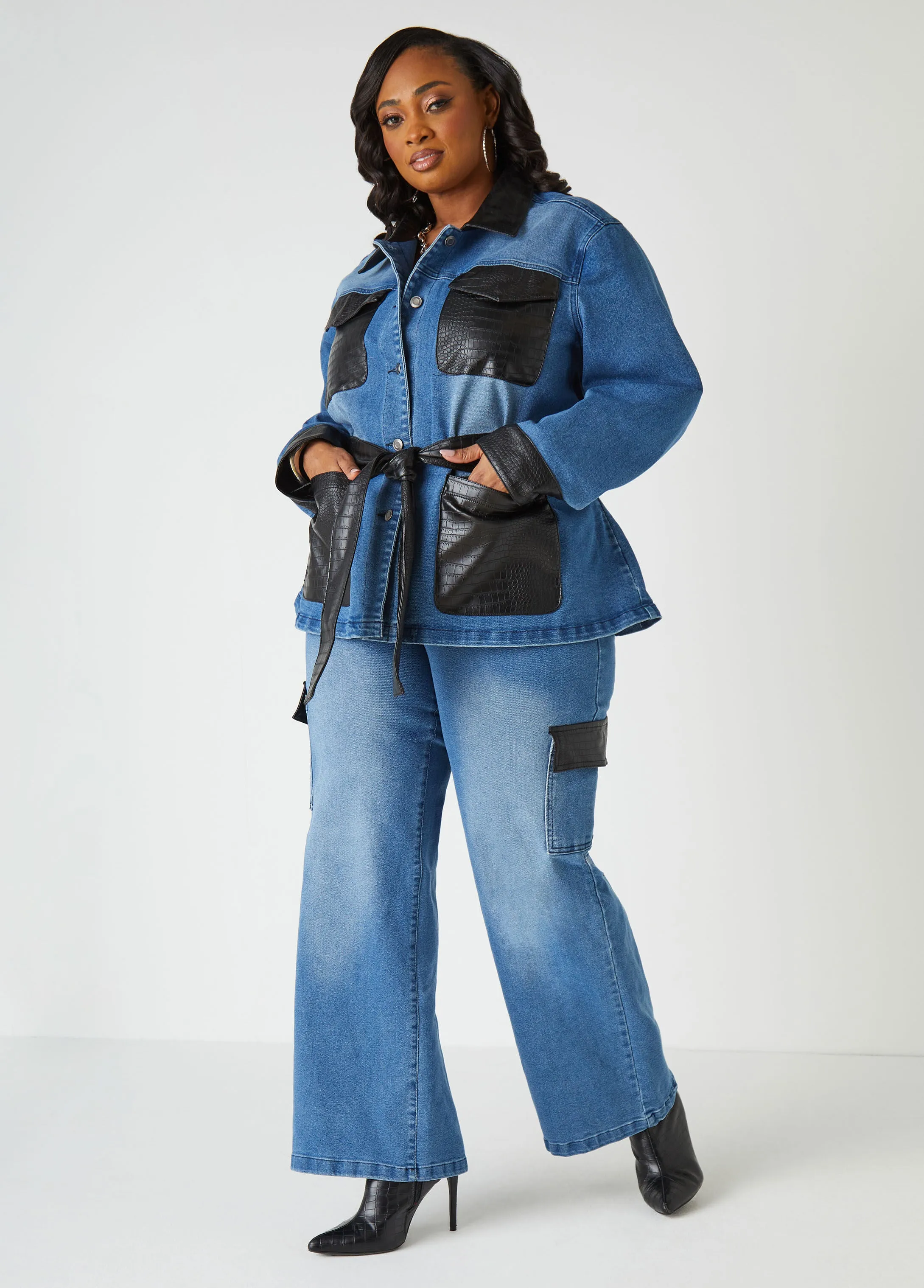 Faux Leather Paneled Denim Shacket sold by Ashley Stewart product image thumbnail 4