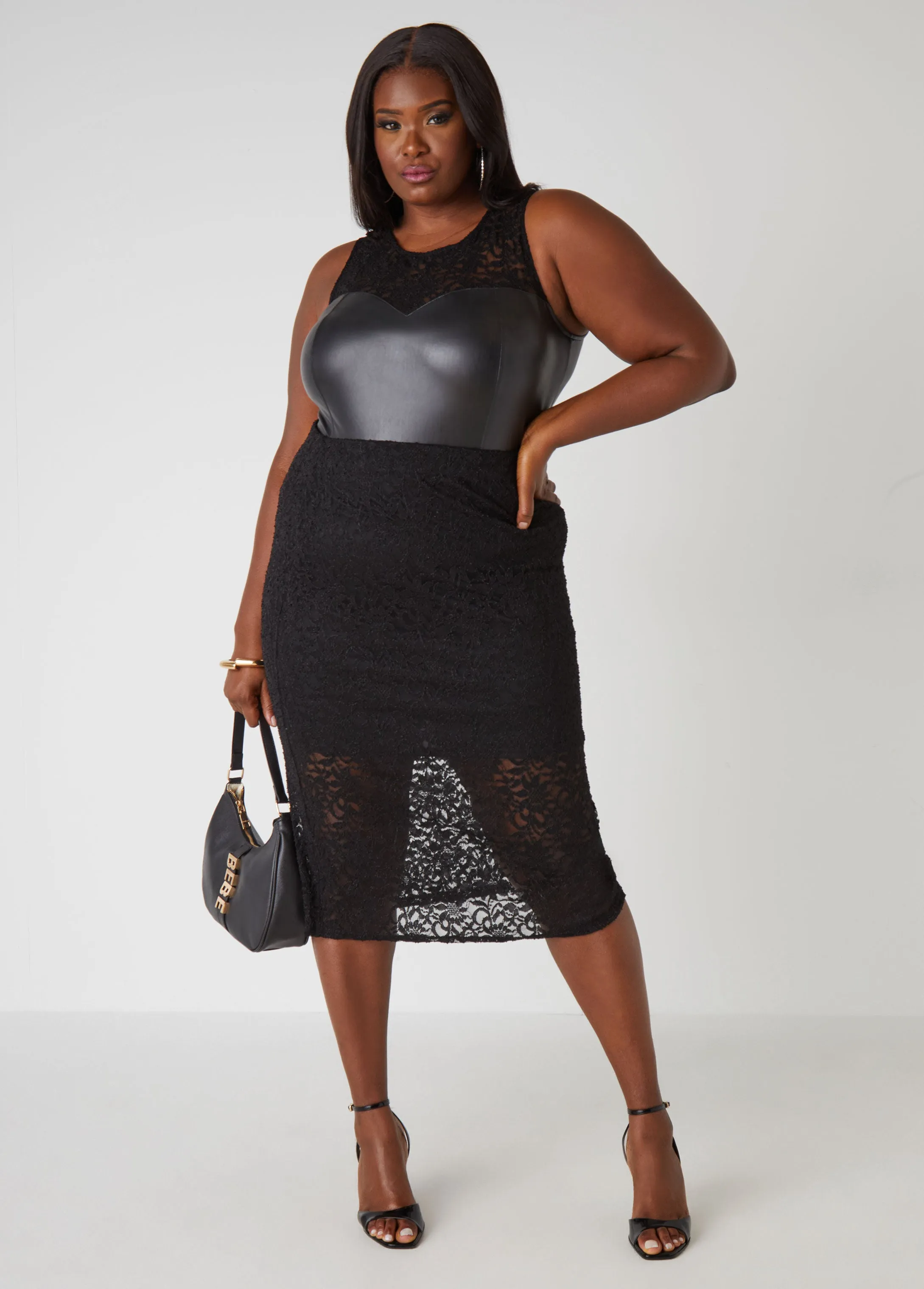 Lace Paneled Faux Leather Bodysuit sold by Ashley Stewart product image thumbnail 5