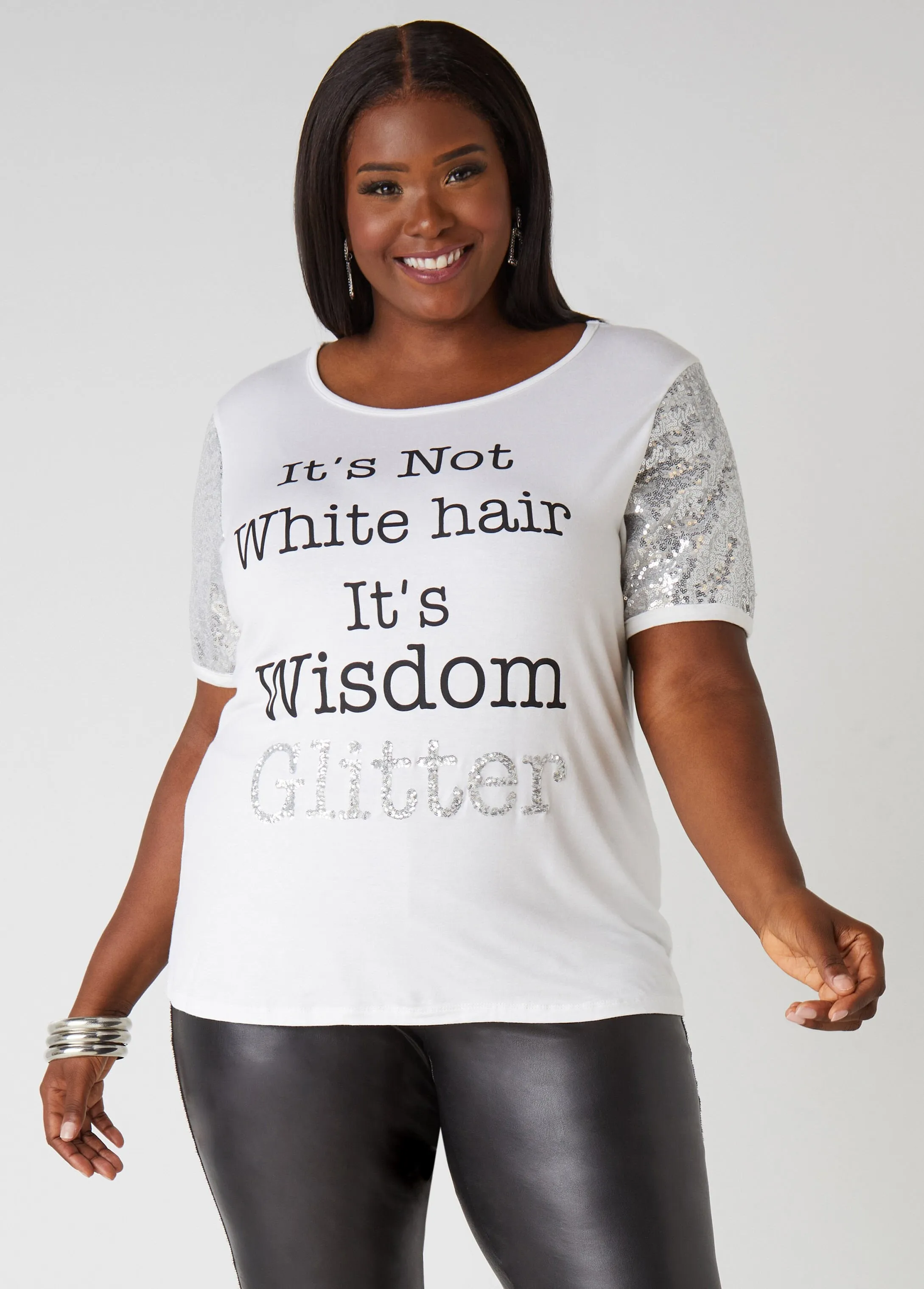 Wisdom Glitter Paneled Graphic Tee sold by Ashley Stewart