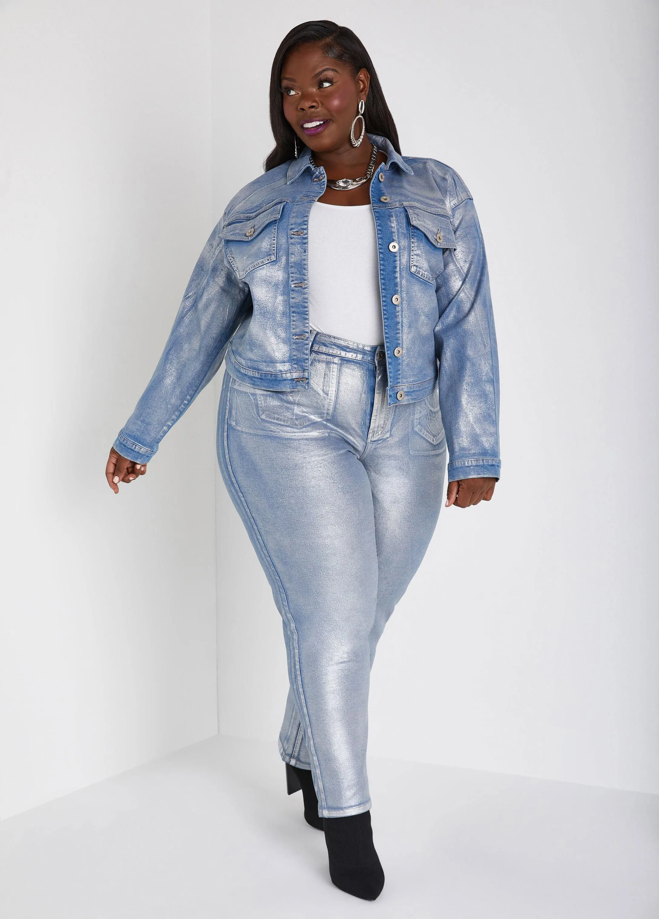 Metallic Cropped Denim Jacket sold by Ashley Stewart product image thumbnail 3