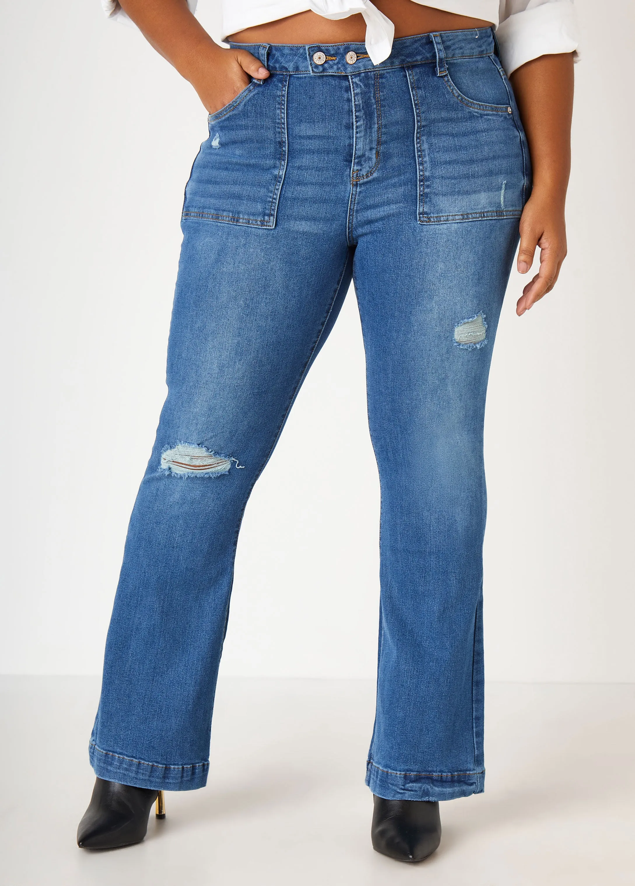 Distressed High Rise Flared Jeans sold by Ashley Stewart