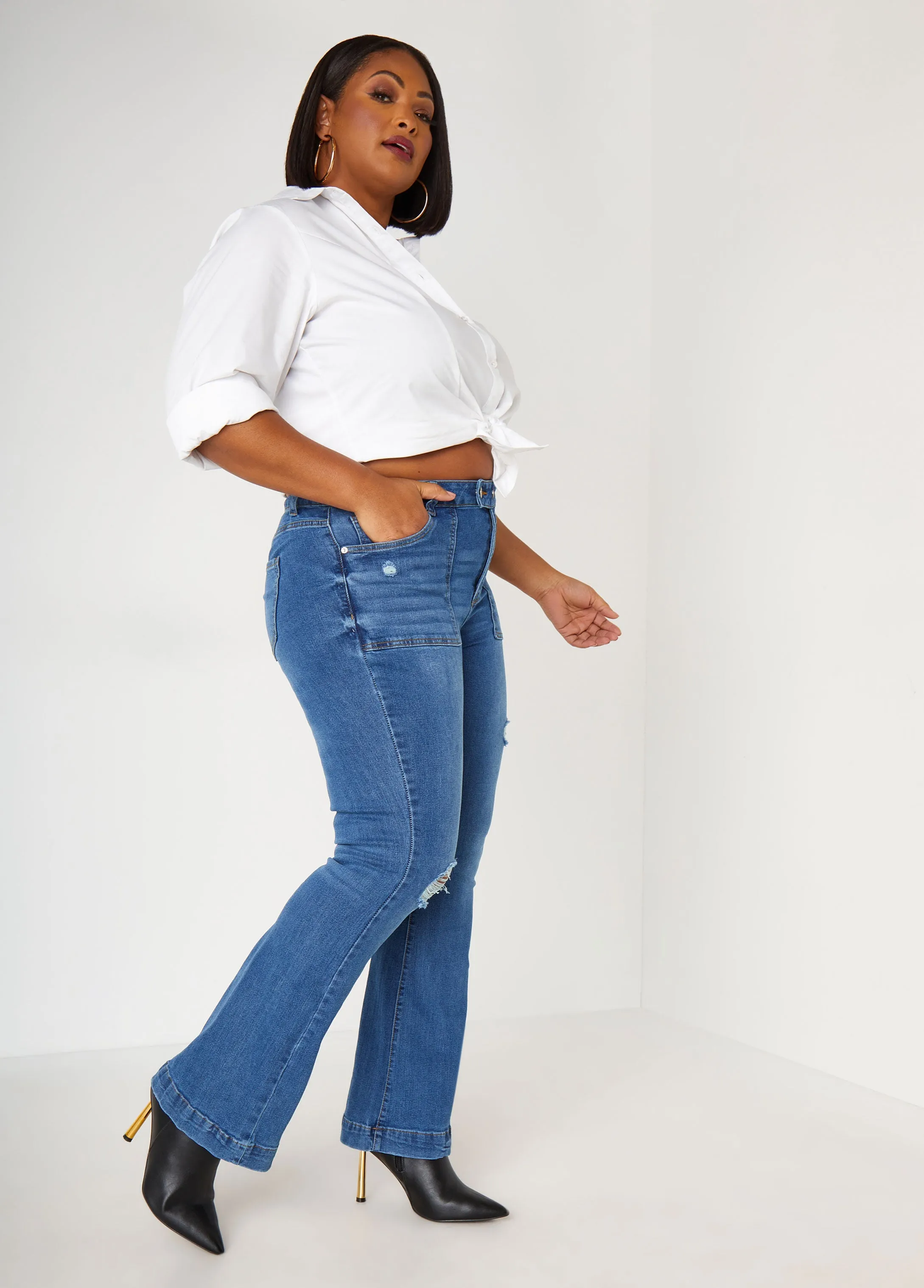 Distressed High Rise Flared Jeans sold by Ashley Stewart product image thumbnail 5