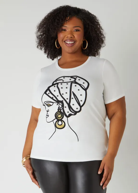 Beaded Embroidered Profile Tee sold by Ashley Stewart