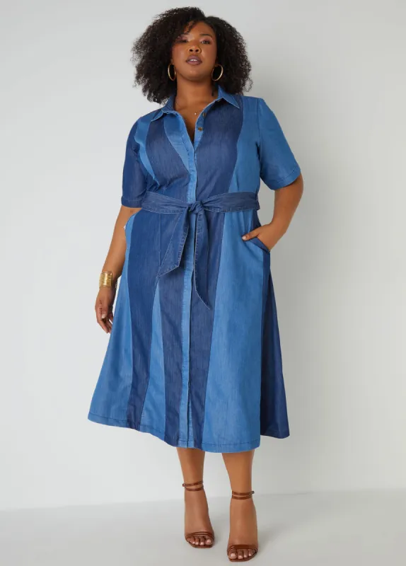 Two Tone Chambray Midi Shirtdress sold by Ashley Stewart
