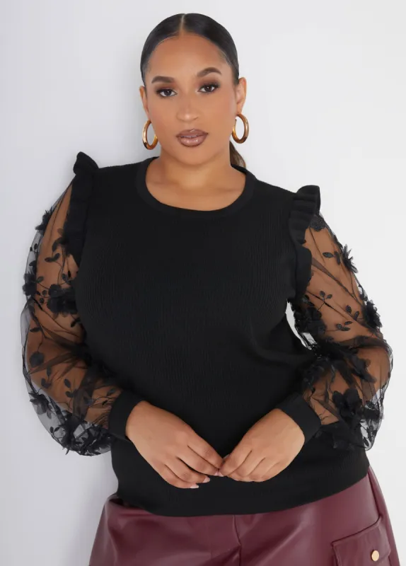 Floral Mesh Sleeved Sweater sold by Ashley Stewart