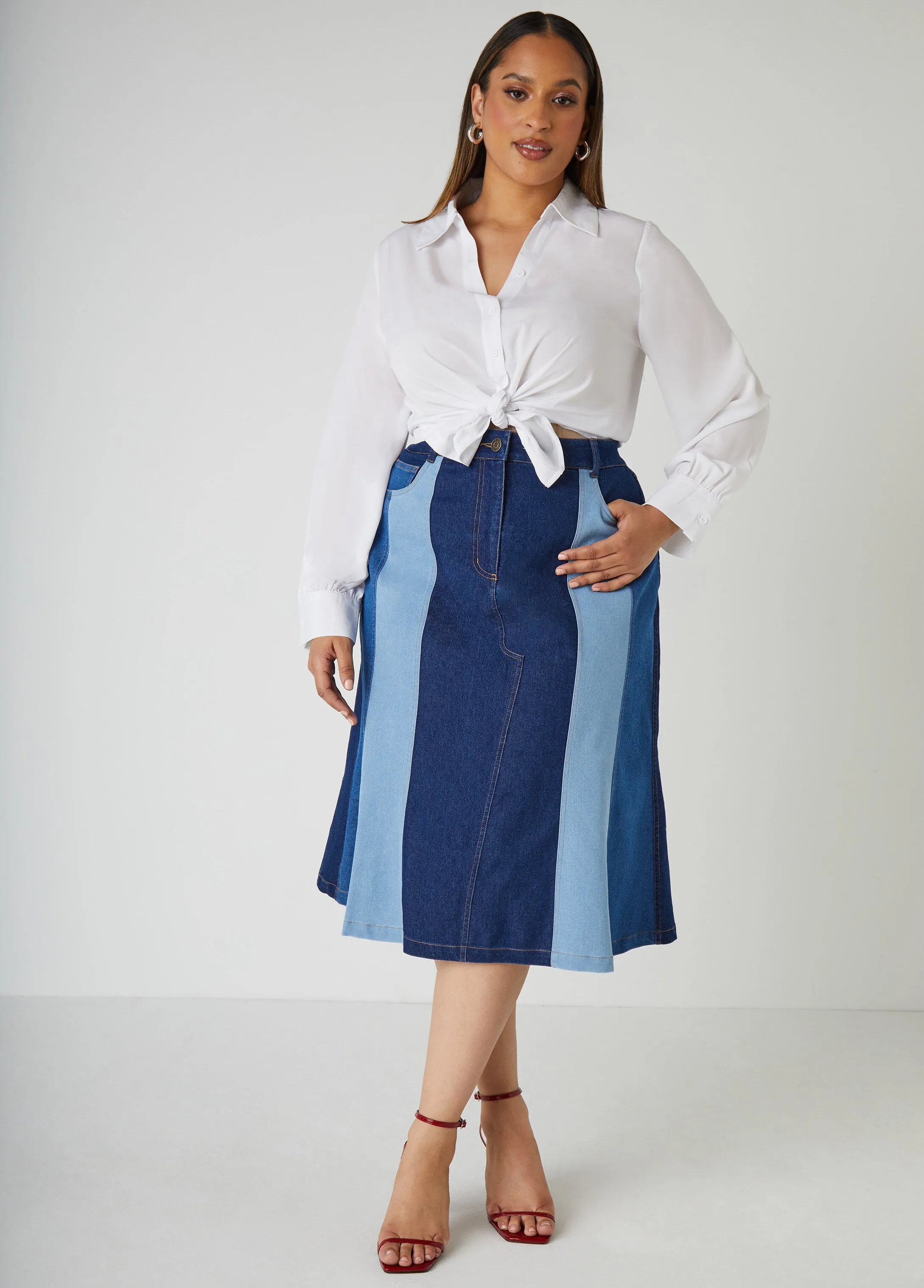 Colorblock A Line Denim Skirt sold by Ashley Stewart product image thumbnail 3